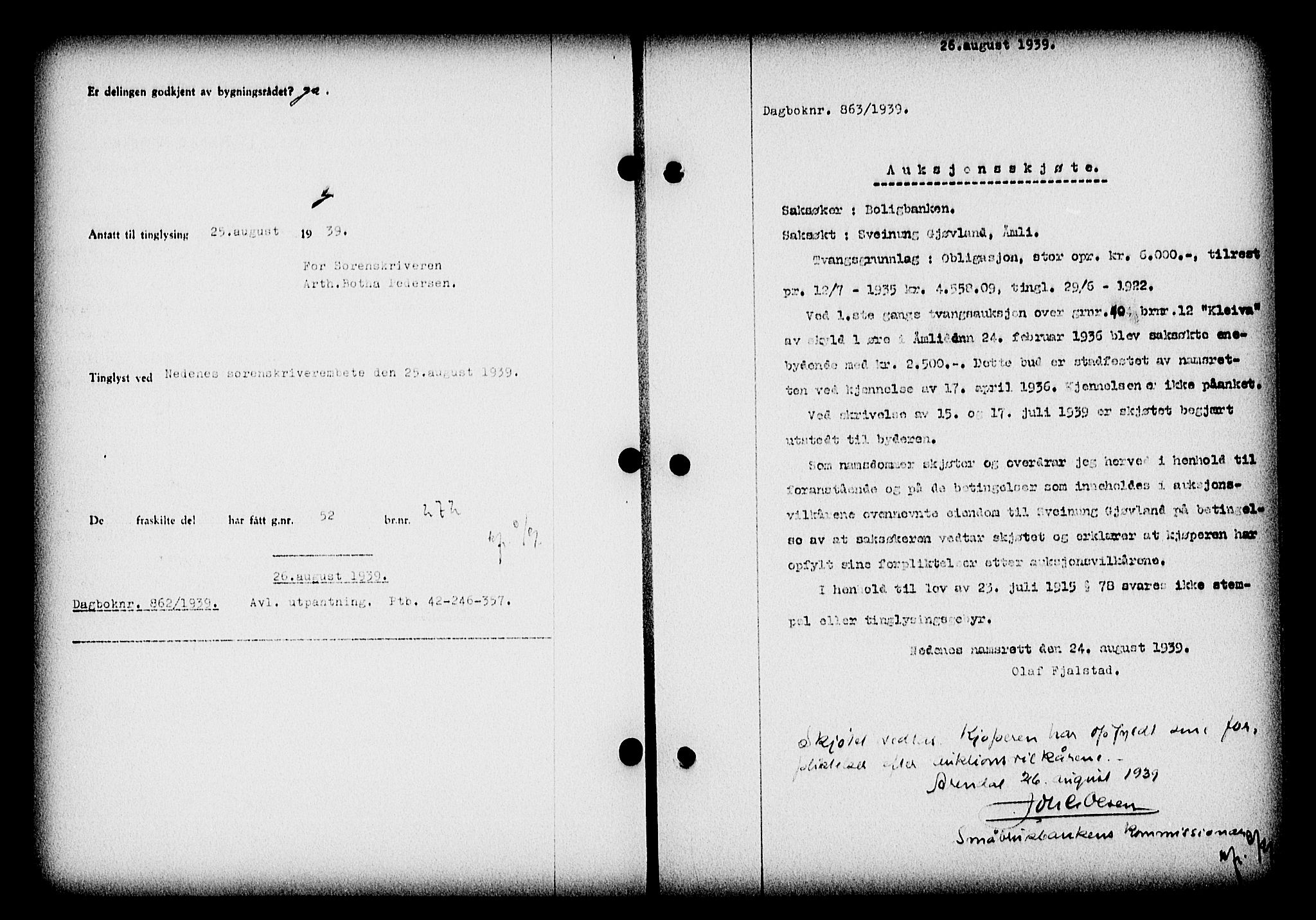 Nedenes sorenskriveri, AV/SAK-1221-0006/G/Gb/Gba/L0047: Pantebok nr. A-I, 1939-1940, Dagboknr: 863/1939