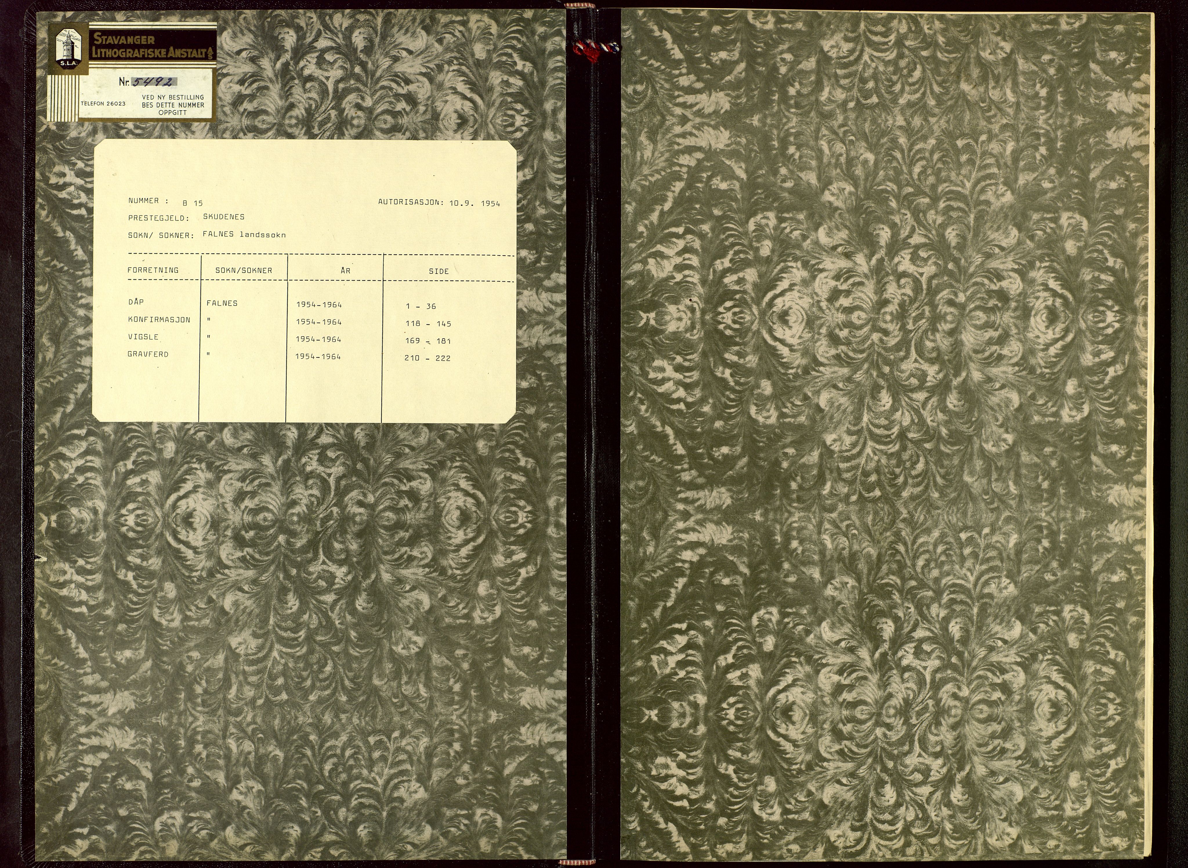 Skudenes sokneprestkontor, SAST/A -101849/H/Ha/Hab/L0015: Klokkerbok nr. B 15, 1954-1964