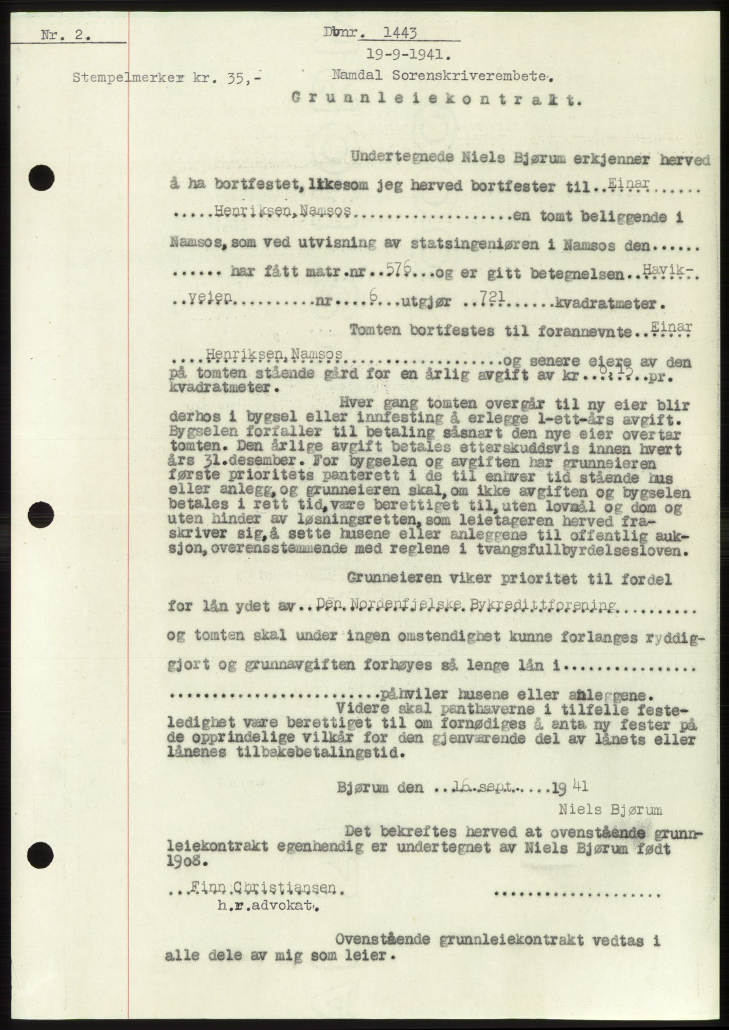 Namdal sorenskriveri, SAT/A-4133/1/2/2C: Pantebok nr. -, 1941-1942, Dagboknr: 1443/1941