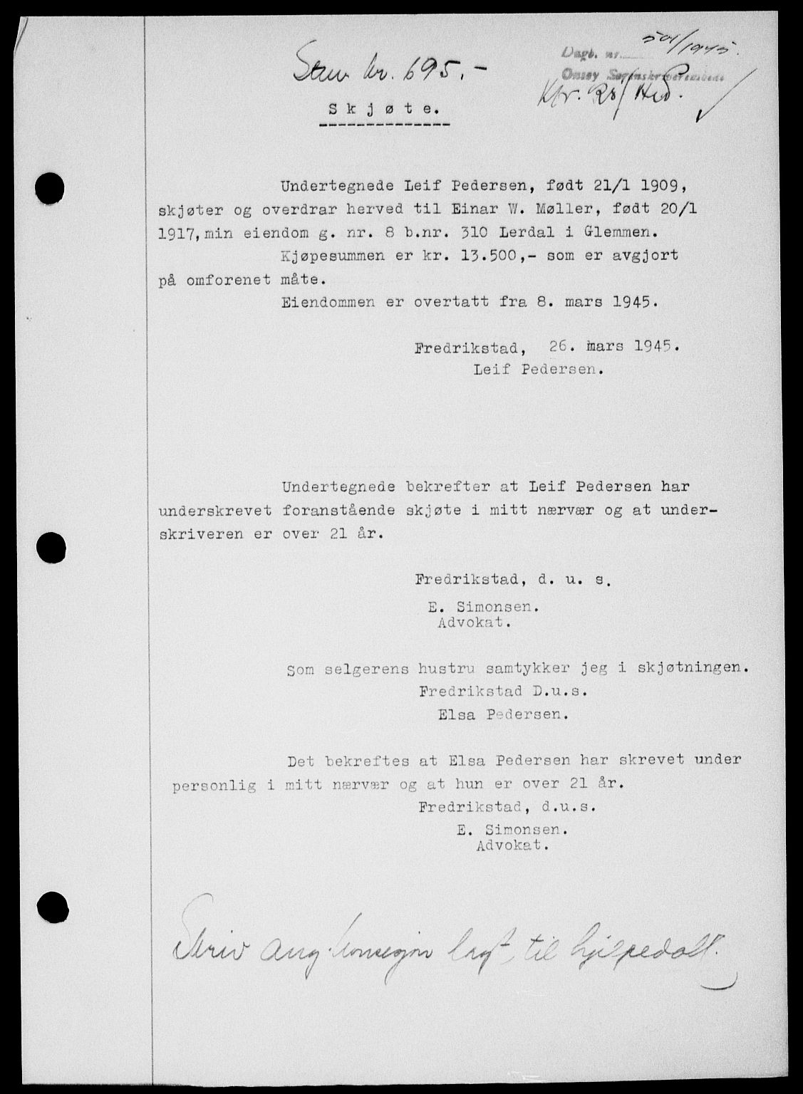 Onsøy sorenskriveri, SAO/A-10474/G/Ga/Gab/L0014: Pantebok nr. II A-14, 1944-1945, Dagboknr: 501/1945