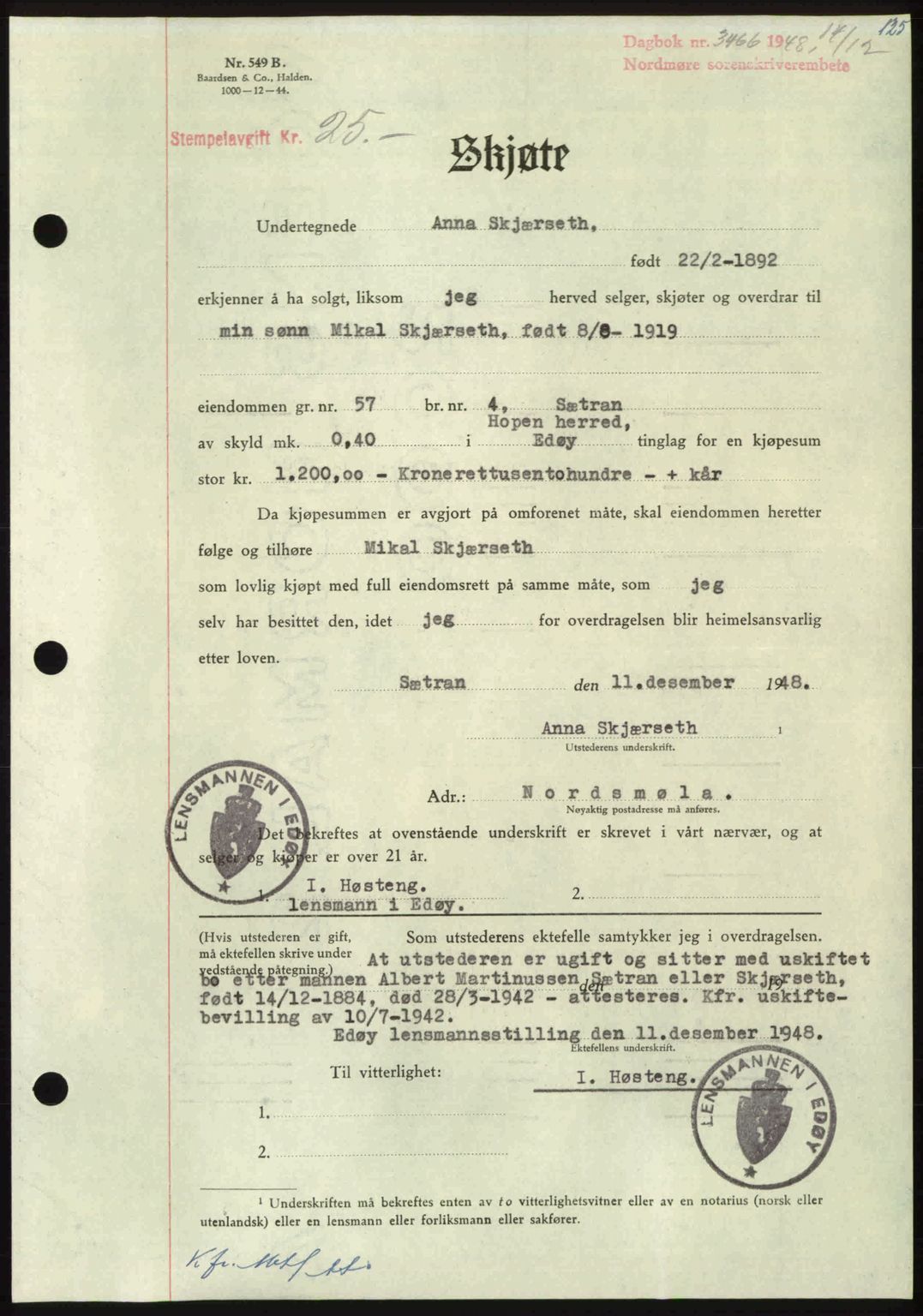 Nordmøre sorenskriveri, SAT/A-4132/1/2/2Ca: Pantebok nr. A110, 1948-1949, Dagboknr: 3466/1948