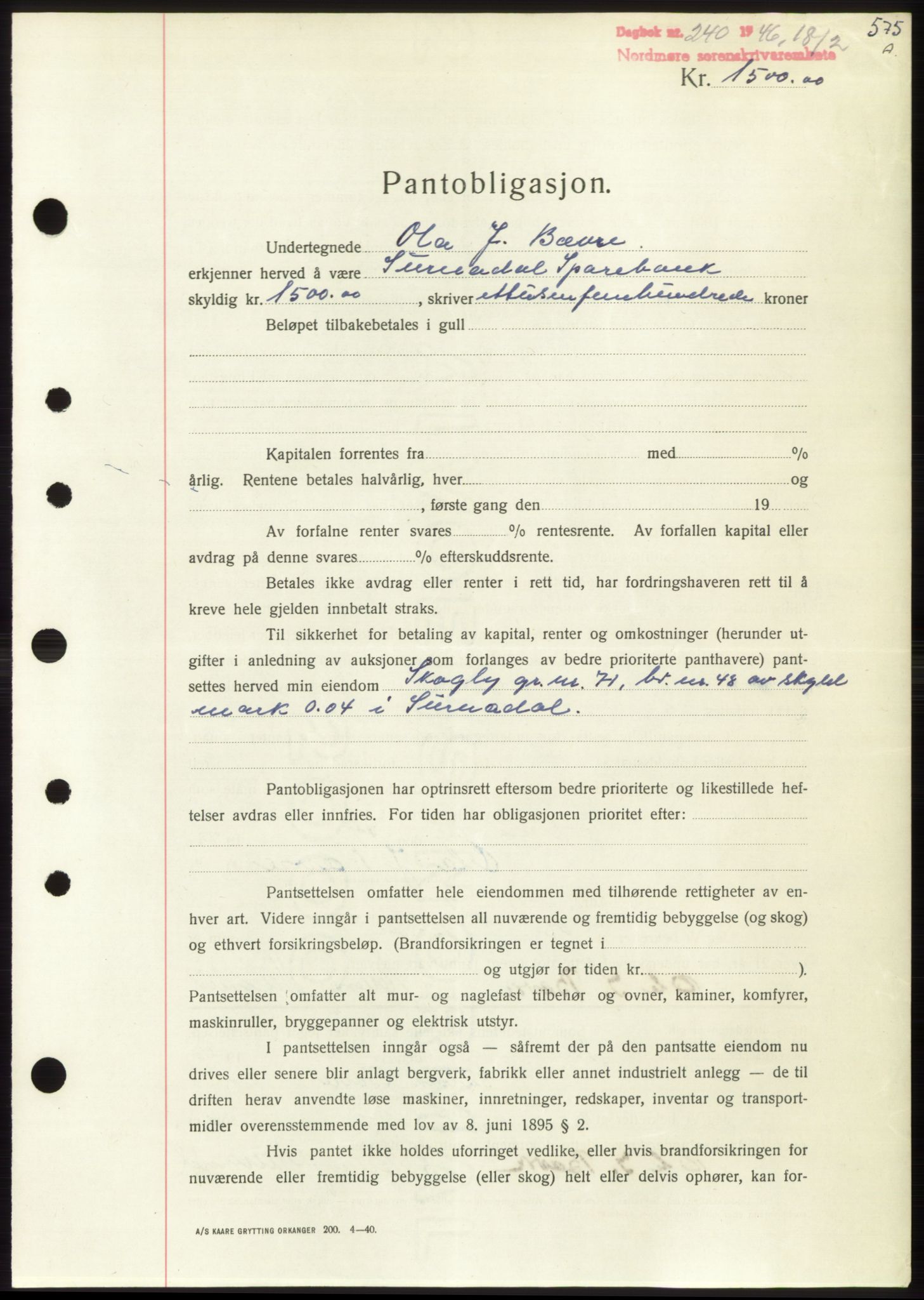 Nordmøre sorenskriveri, SAT/A-4132/1/2/2Ca: Pantebok nr. B93b, 1946-1946, Dagboknr: 240/1946