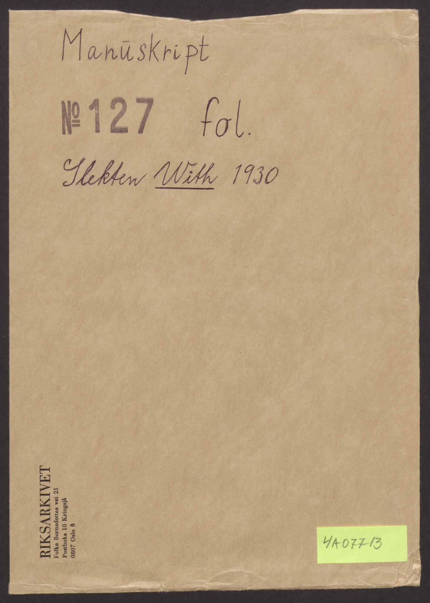 Manuskriptsamlingen, AV/RA-EA-3667/F/L0127: With, Richard; Slekten With 1730-1930, 1932