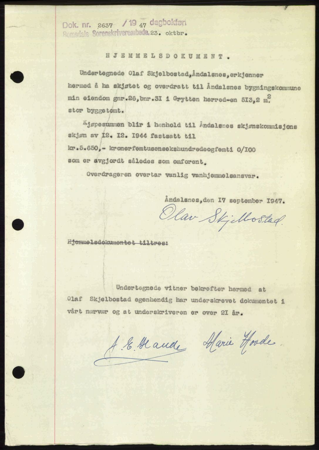 Romsdal sorenskriveri, SAT/A-4149/1/2/2C: Pantebok nr. A24, 1947-1947, Dagboknr: 2637/1947