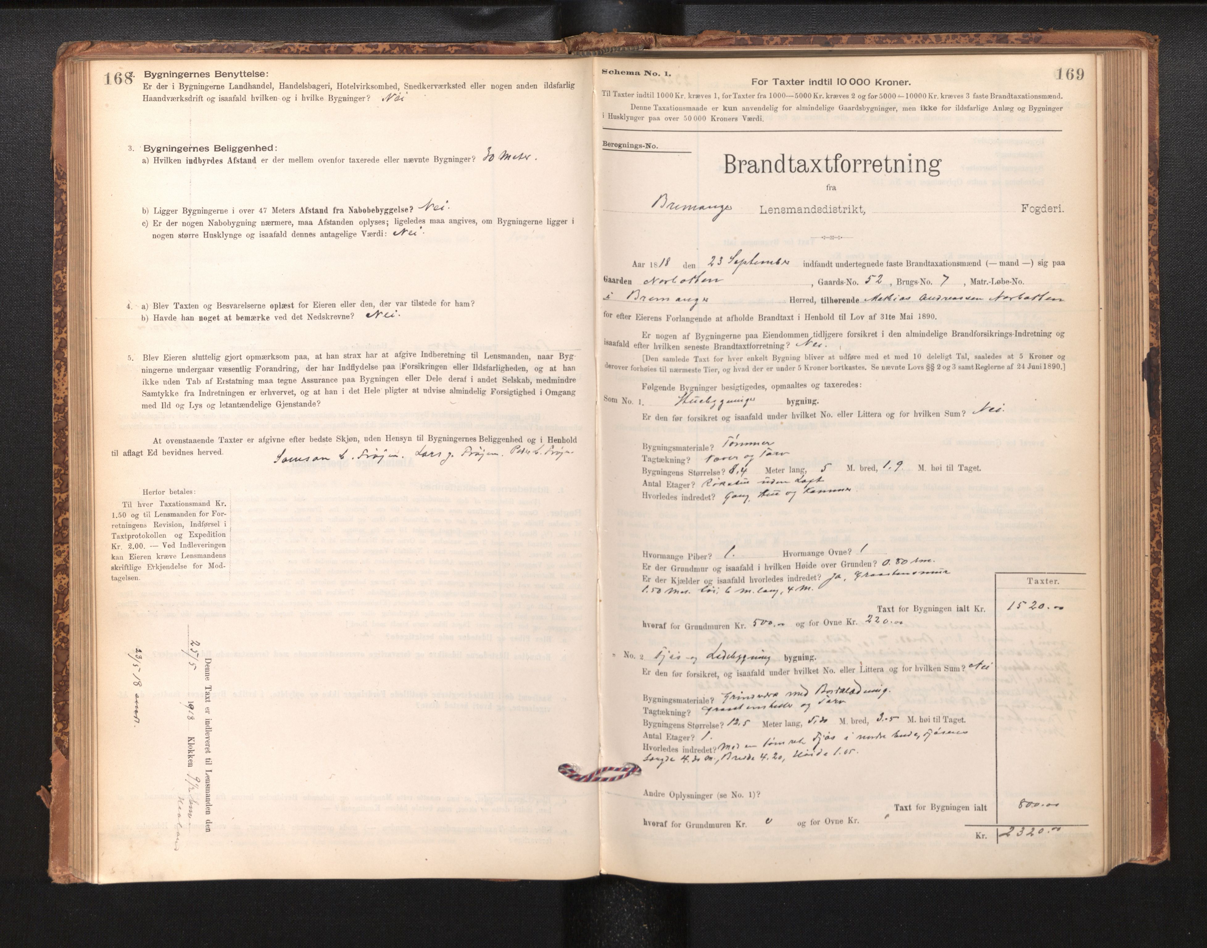Lensmannen i Bremanger, SAB/A-26701/0012/L0007: Branntakstprotokoll, skjematakst, 1895-1936, s. 168-169
