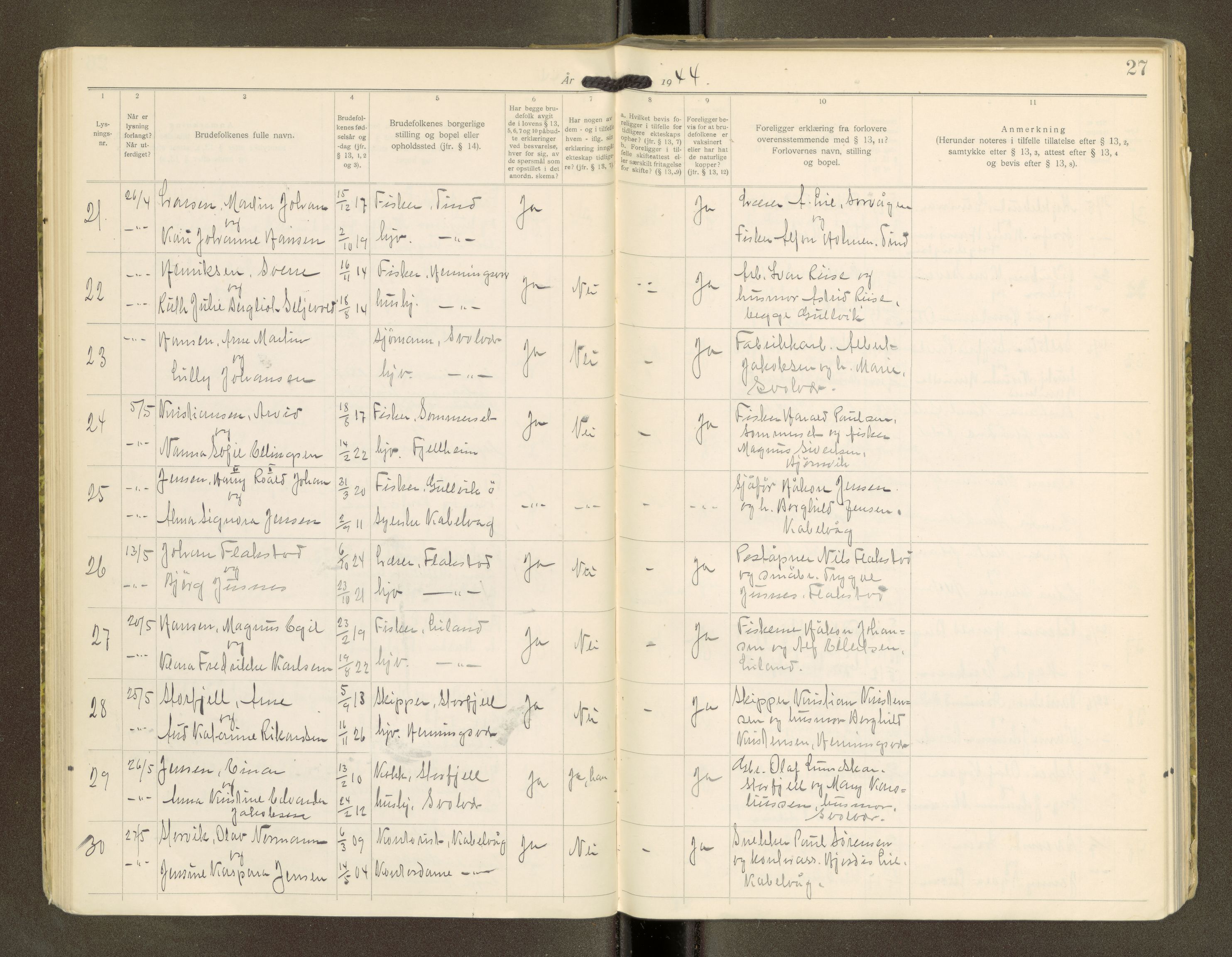 Lofoten sorenskriveri, AV/SAT-A-0017/1/6/6D/L0004: Lysningsbok, 1923-1969, s. 27