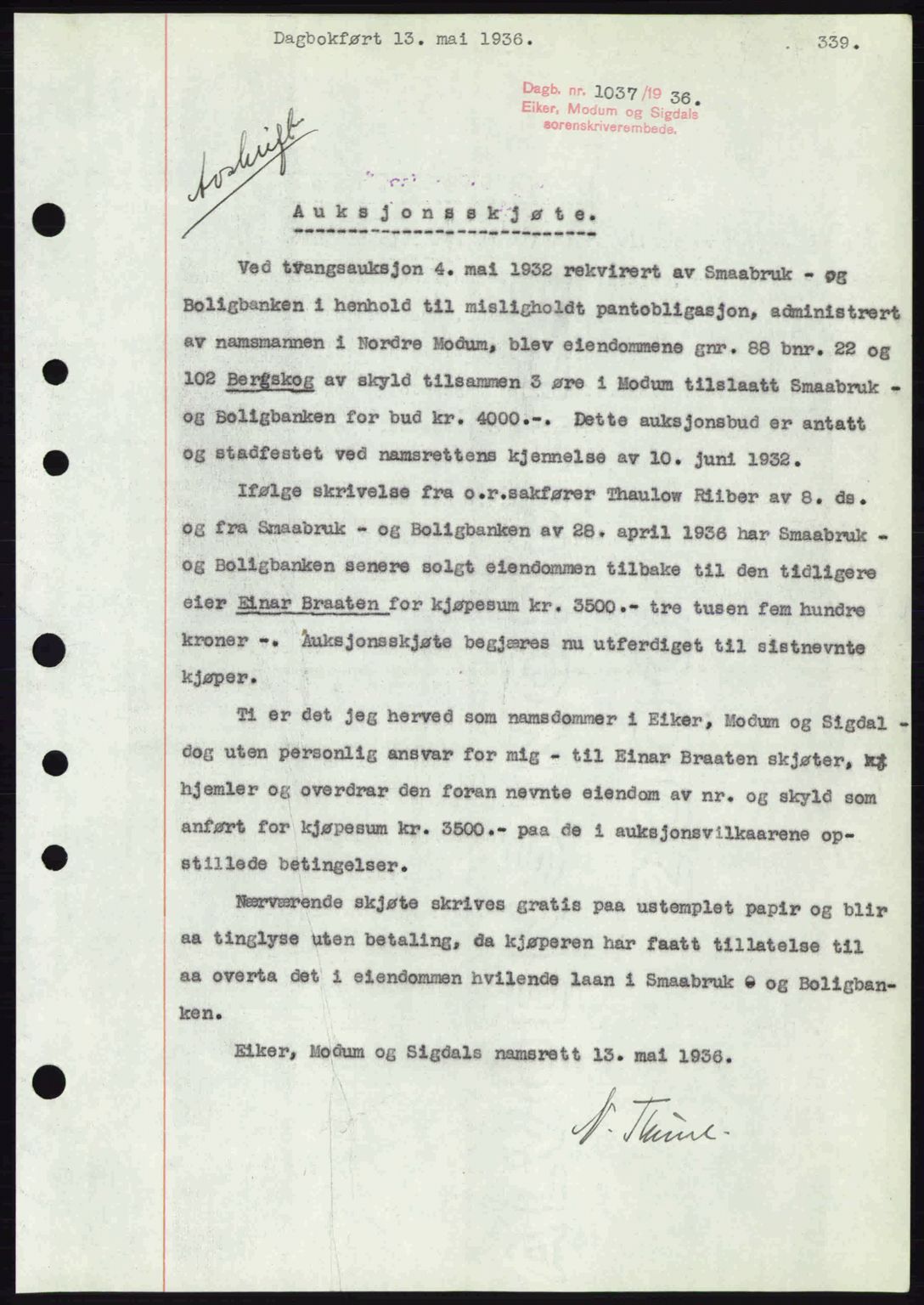 Eiker, Modum og Sigdal sorenskriveri, SAKO/A-123/G/Ga/Gab/L0032: Pantebok nr. A2, 1936-1936, Dagboknr: 1037/1936