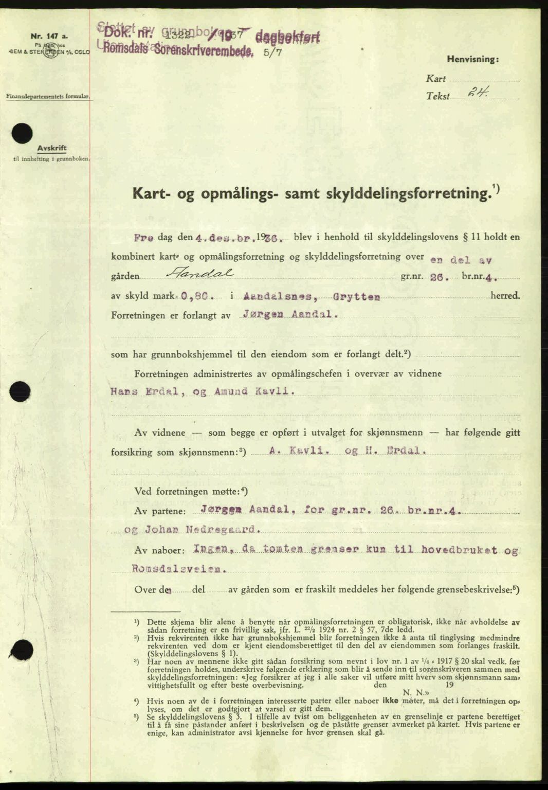 Romsdal sorenskriveri, SAT/A-4149/1/2/2C: Pantebok nr. A3, 1937-1937, Dagboknr: 1322/1937