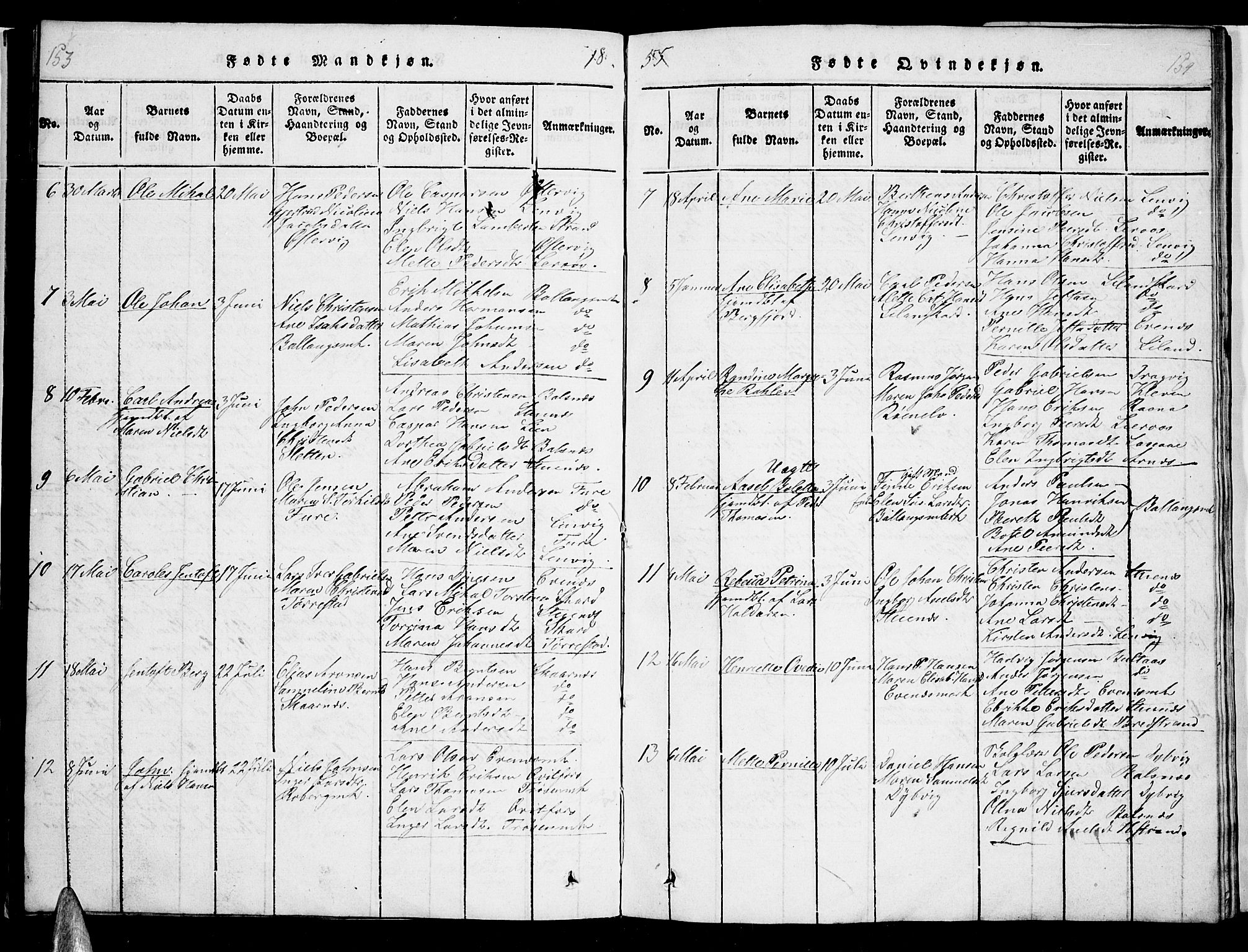 Ministerialprotokoller, klokkerbøker og fødselsregistre - Nordland, AV/SAT-A-1459/863/L0911: Klokkerbok nr. 863C01, 1821-1858, s. 153-154