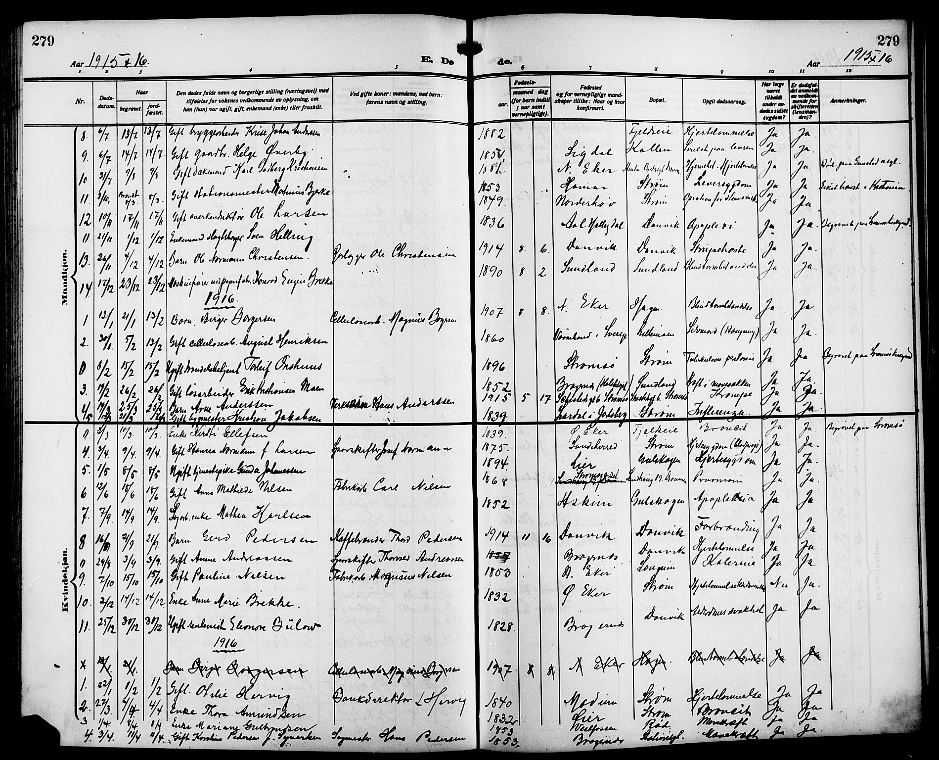 Strømsgodset kirkebøker, AV/SAKO-A-324/G/Ga/L0003: Klokkerbok nr. 3, 1911-1926, s. 279