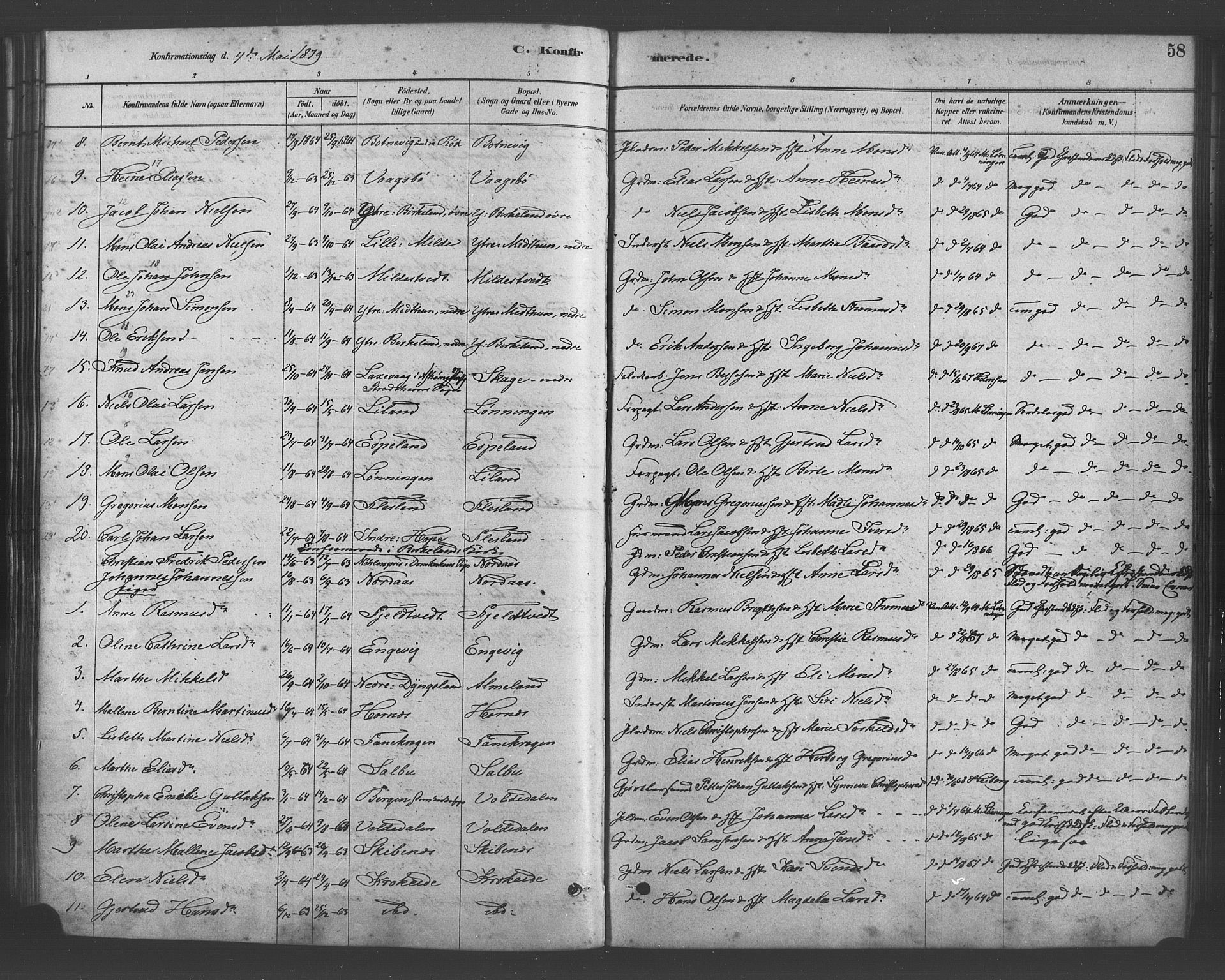 Fana Sokneprestembete, AV/SAB-A-75101/H/Haa/Haab/L0001: Ministerialbok nr. B 1, 1878-1889, s. 58