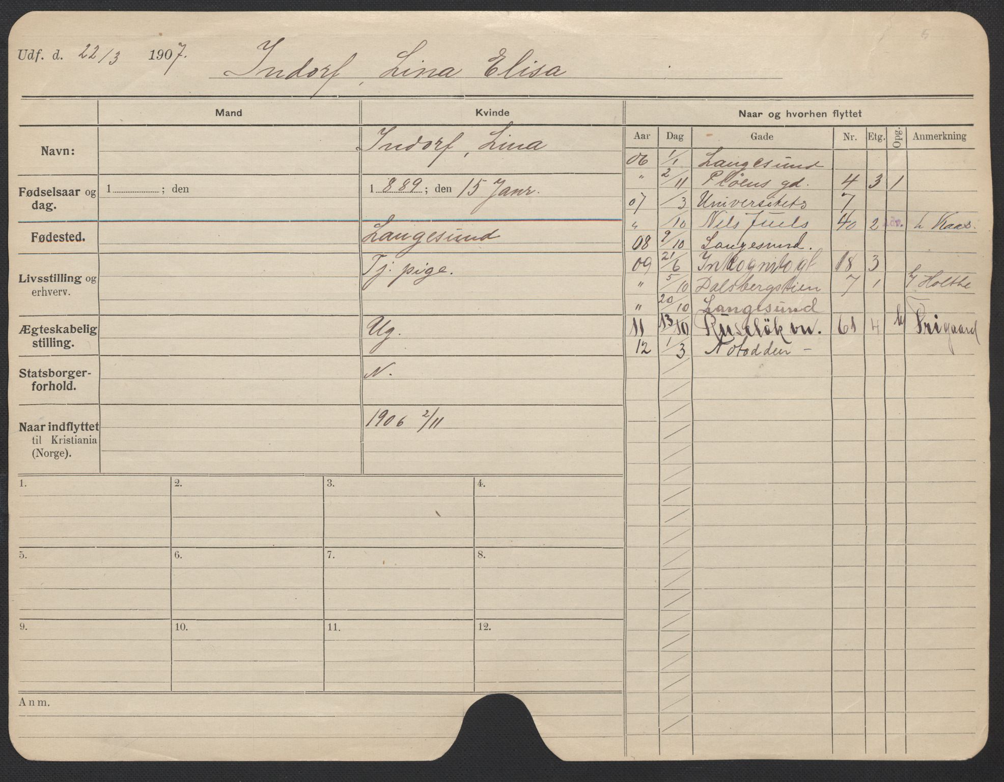 Oslo folkeregister, Registerkort, AV/SAO-A-11715/F/Fa/Fac/L0017: Kvinner, 1906-1914, s. 27a