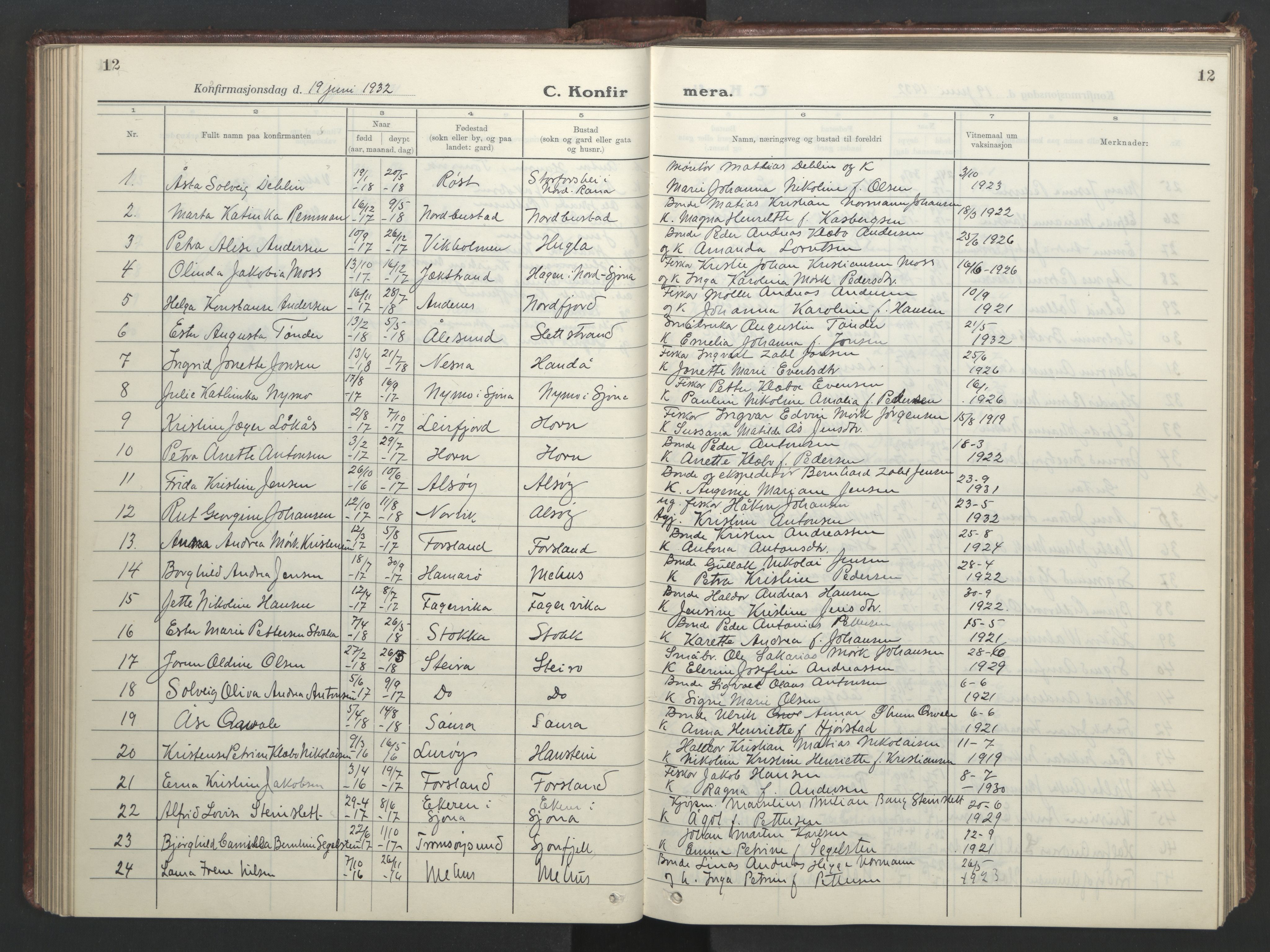 Ministerialprotokoller, klokkerbøker og fødselsregistre - Nordland, AV/SAT-A-1459/838/L0561: Klokkerbok nr. 838C08, 1923-1953, s. 12