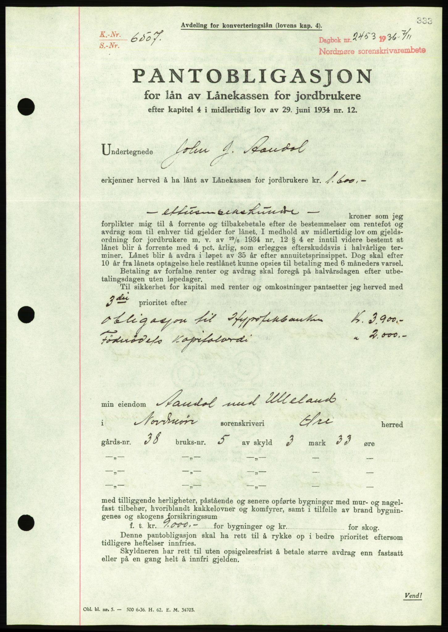 Nordmøre sorenskriveri, AV/SAT-A-4132/1/2/2Ca/L0090: Pantebok nr. B80, 1936-1937, Dagboknr: 2453/1936