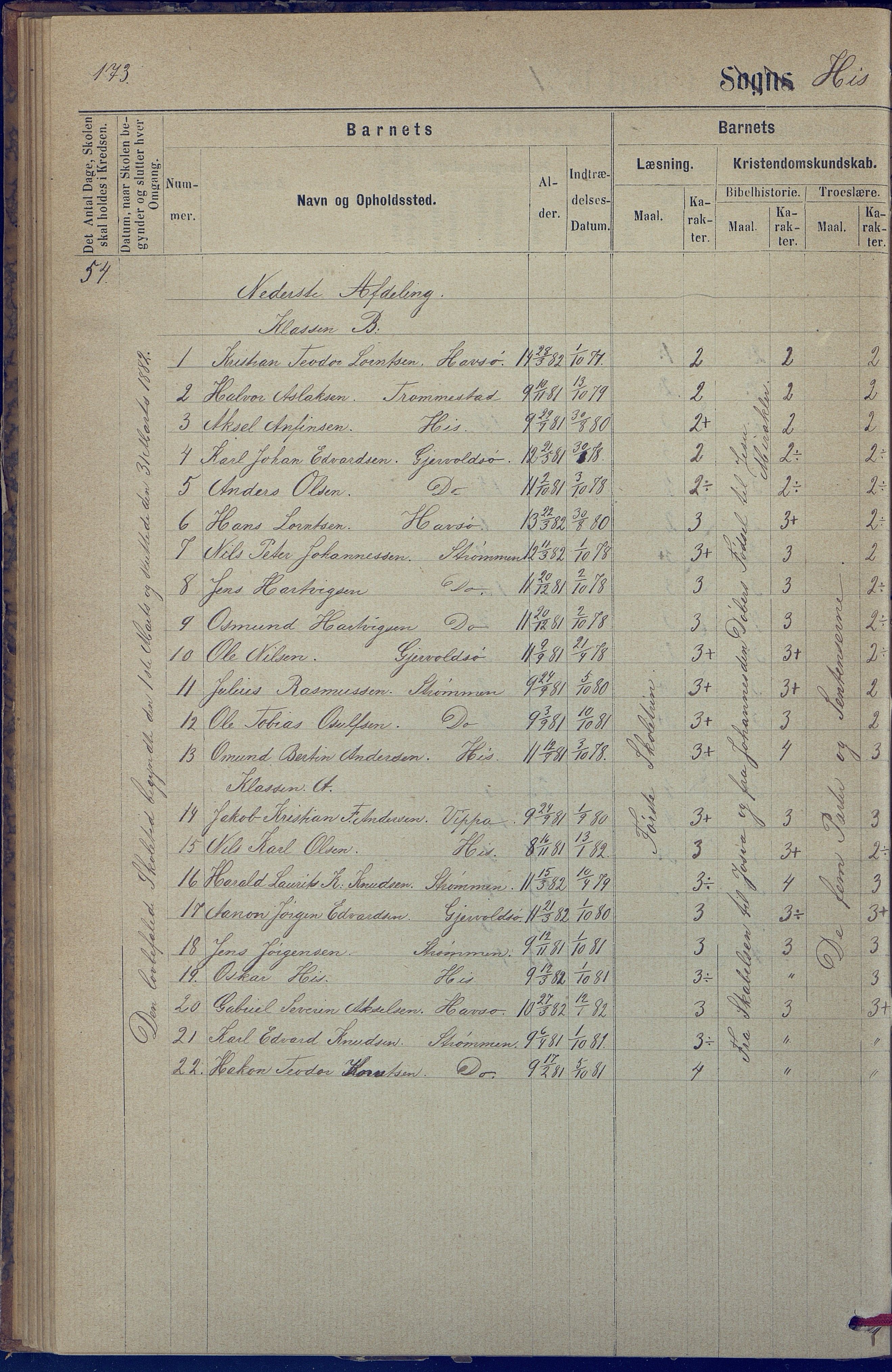 Hisøy kommune frem til 1991, AAKS/KA0922-PK/31/L0005: Skoleprotokoll, 1877-1892, s. 173