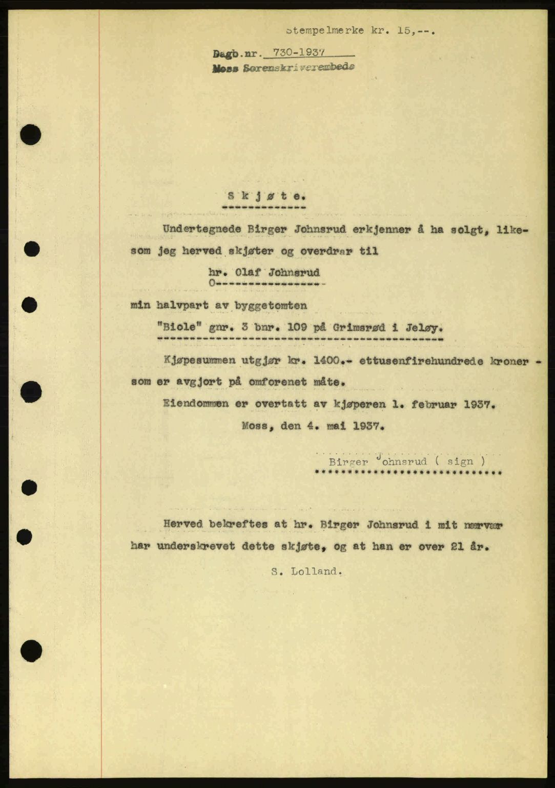 Moss sorenskriveri, SAO/A-10168: Pantebok nr. A2, 1936-1937, Dagboknr: 730/1937
