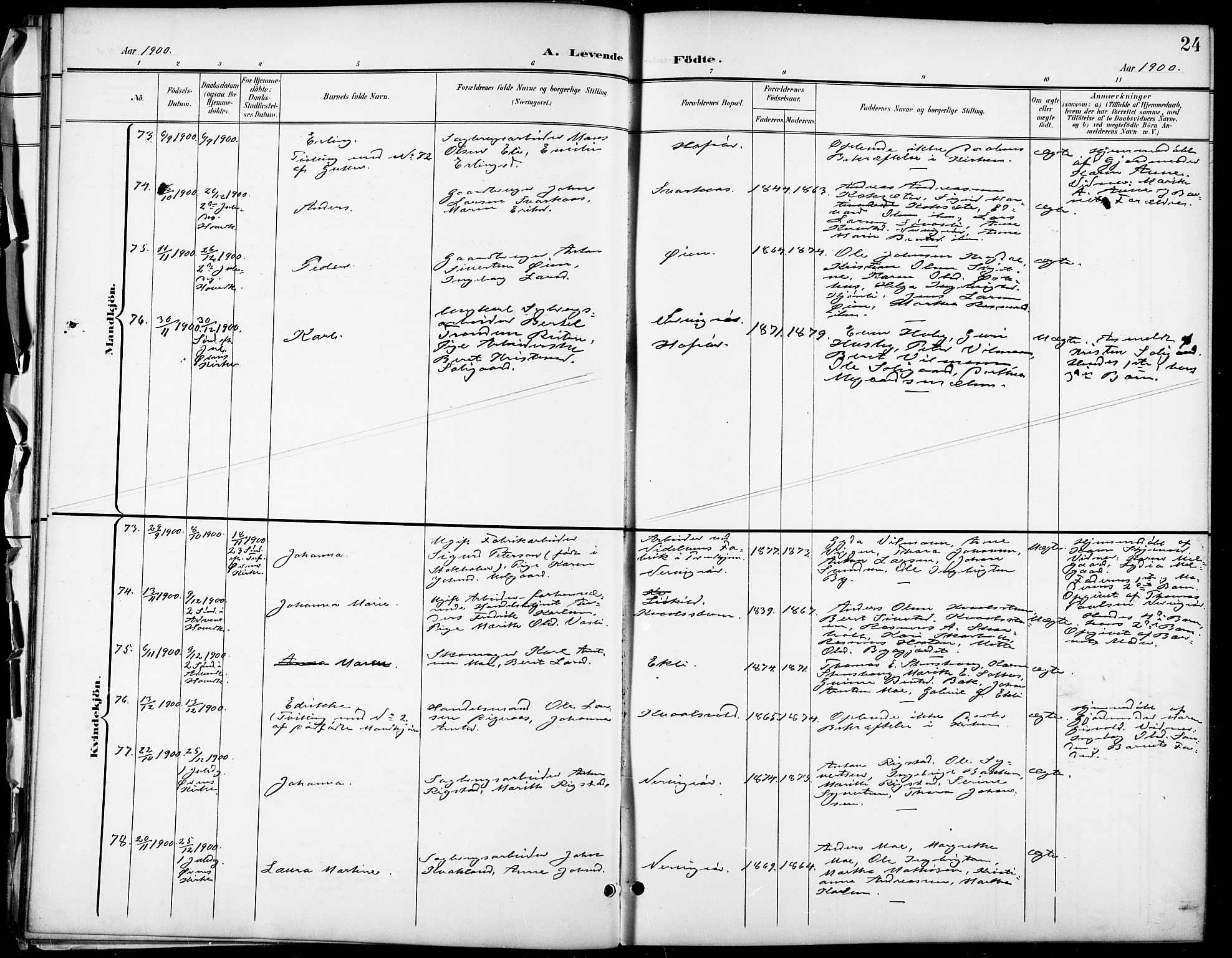 Ministerialprotokoller, klokkerbøker og fødselsregistre - Sør-Trøndelag, SAT/A-1456/668/L0819: Klokkerbok nr. 668C08, 1899-1912, s. 24