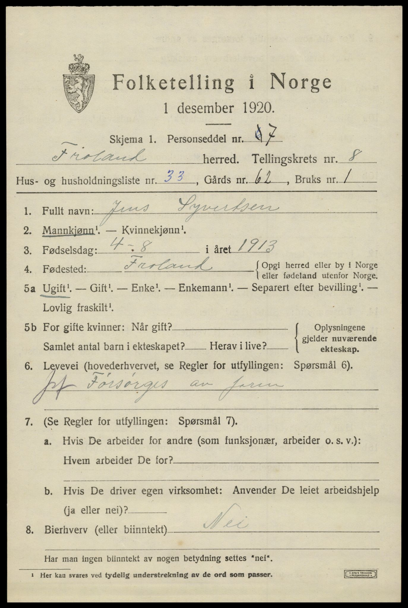 SAK, Folketelling 1920 for 0919 Froland herred, 1920, s. 4901
