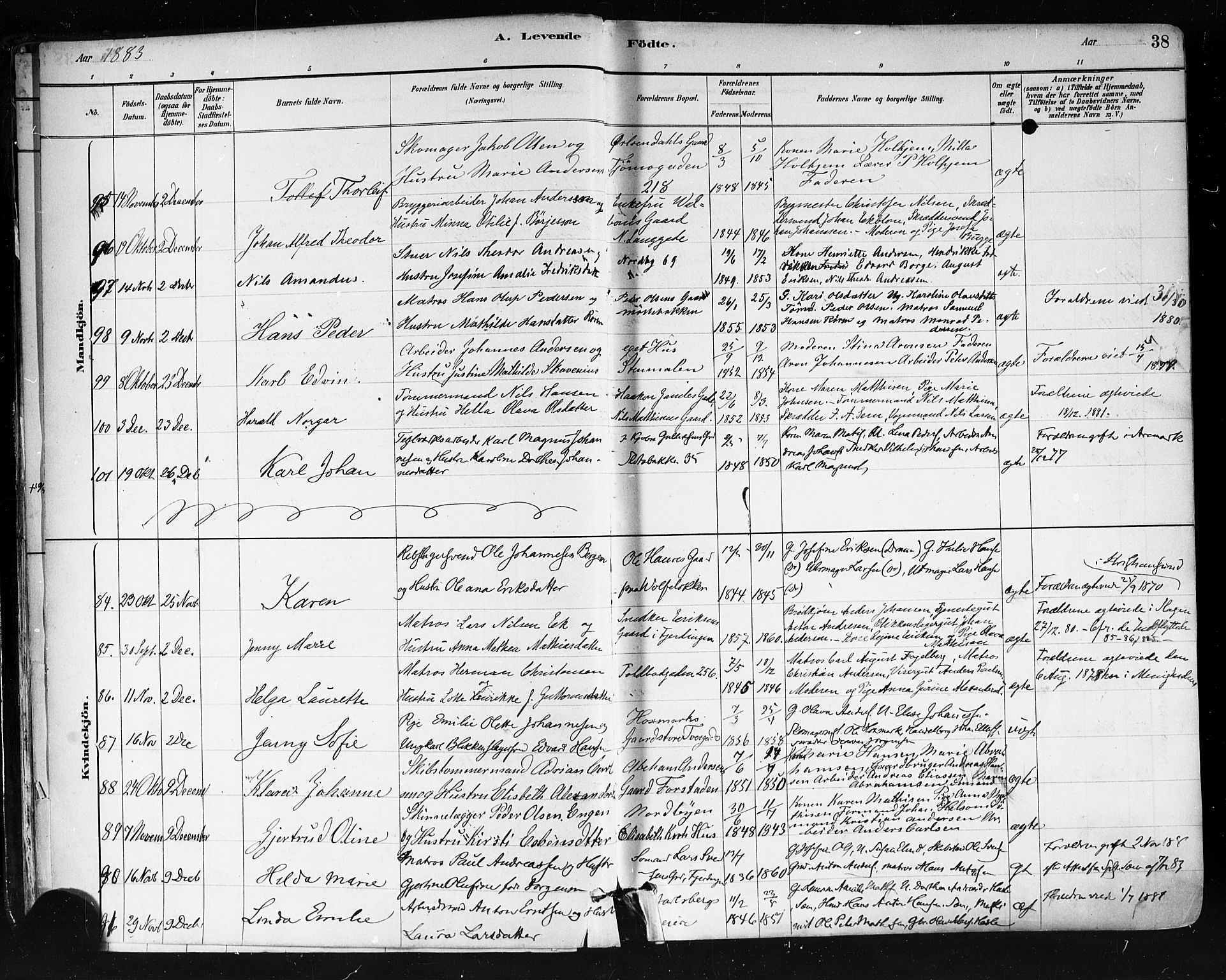 Tønsberg kirkebøker, AV/SAKO-A-330/F/Fa/L0011: Ministerialbok nr. I 11, 1881-1890, s. 38