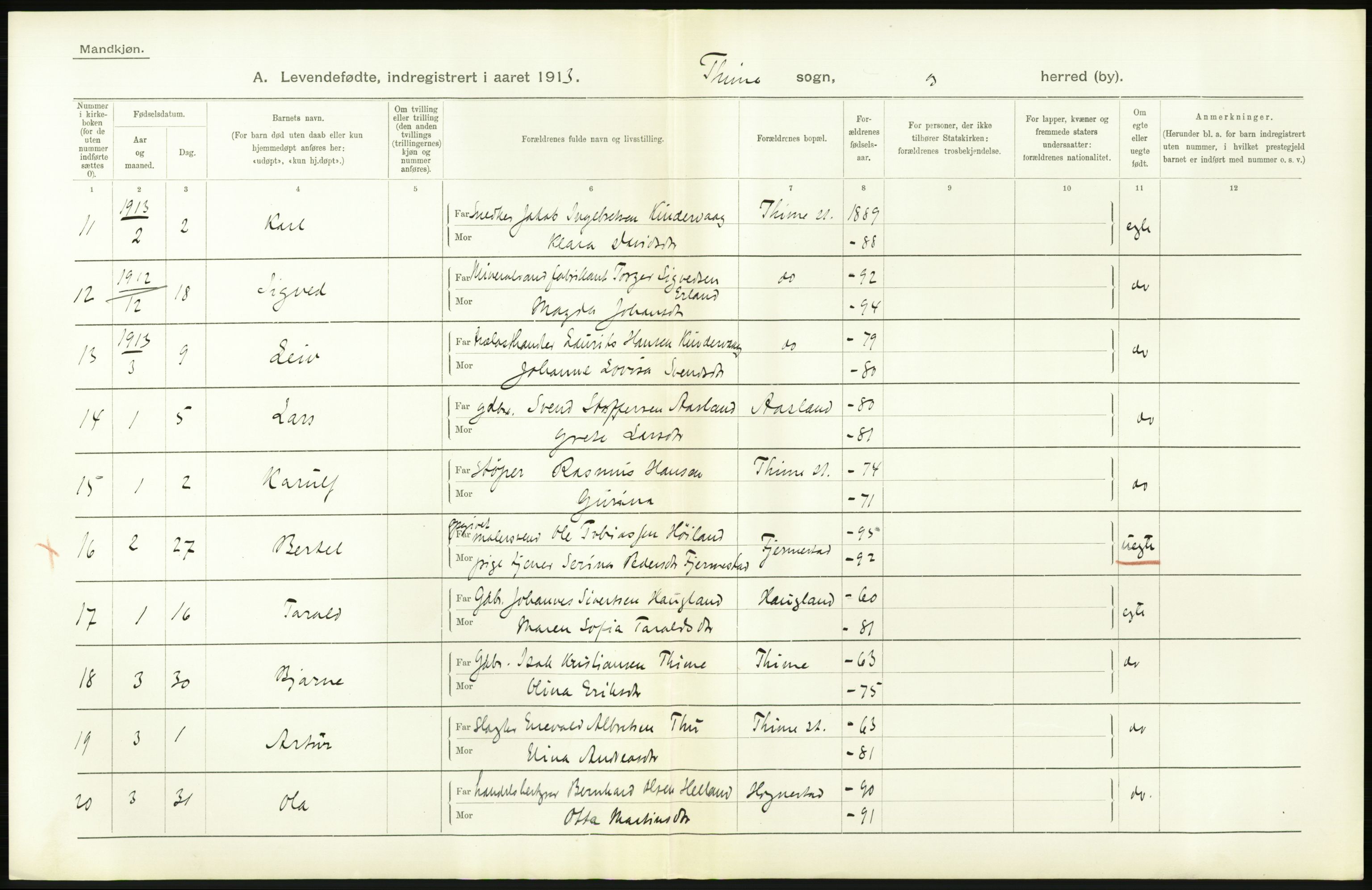 Statistisk sentralbyrå, Sosiodemografiske emner, Befolkning, AV/RA-S-2228/D/Df/Dfb/Dfbc/L0025: Stavanger amt: Levendefødte menn og kvinner. Bygder., 1913, s. 24