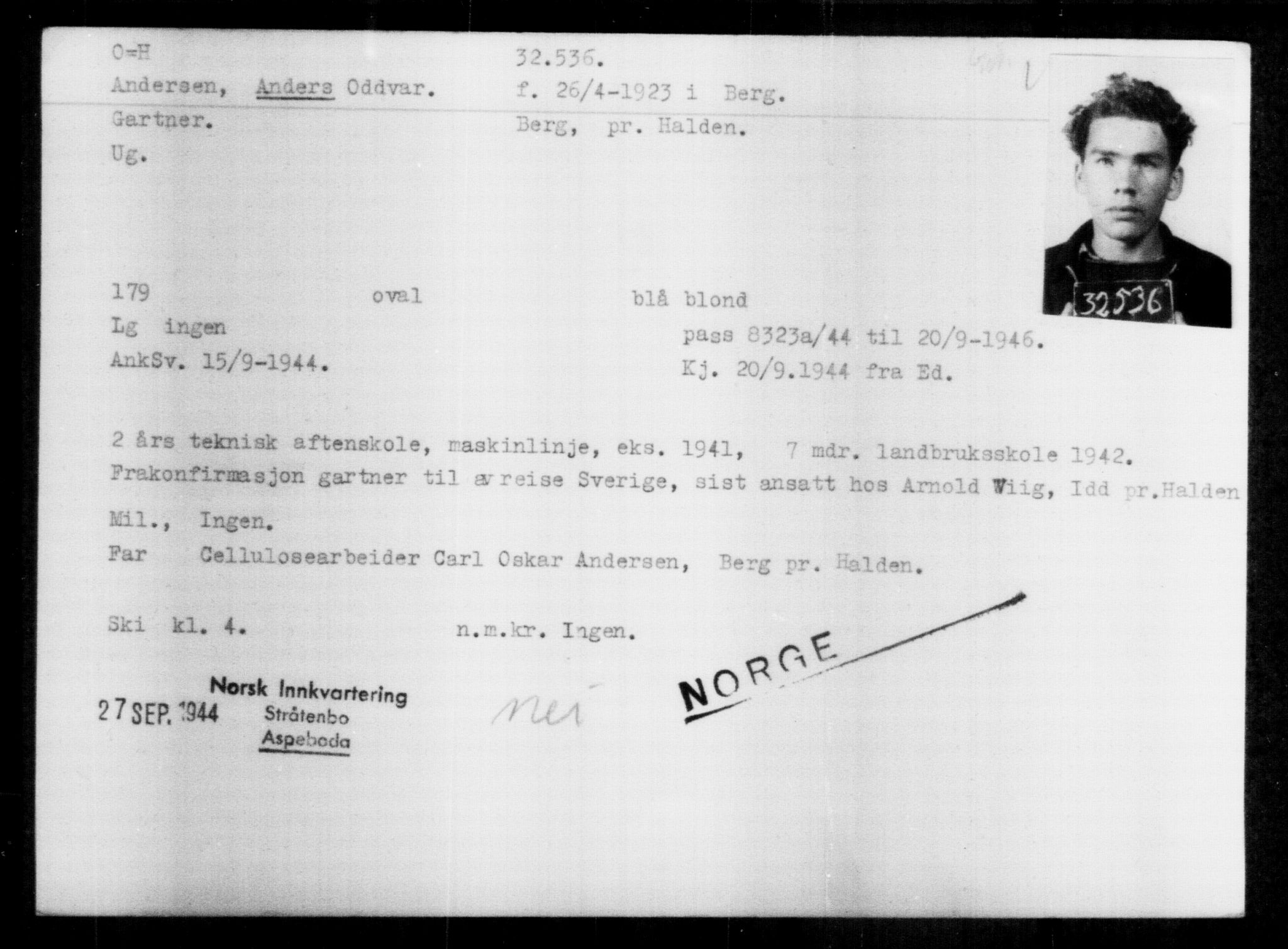 Utenriksstasjonene, Legasjonen i Stockholm, Flyktningkontoret, AV/RA-S-6753/V/Va/L0013: Kjesäterkartoteket, flyktninger med registreringsnr. 31500-34731, 1940-1945, s. 1092