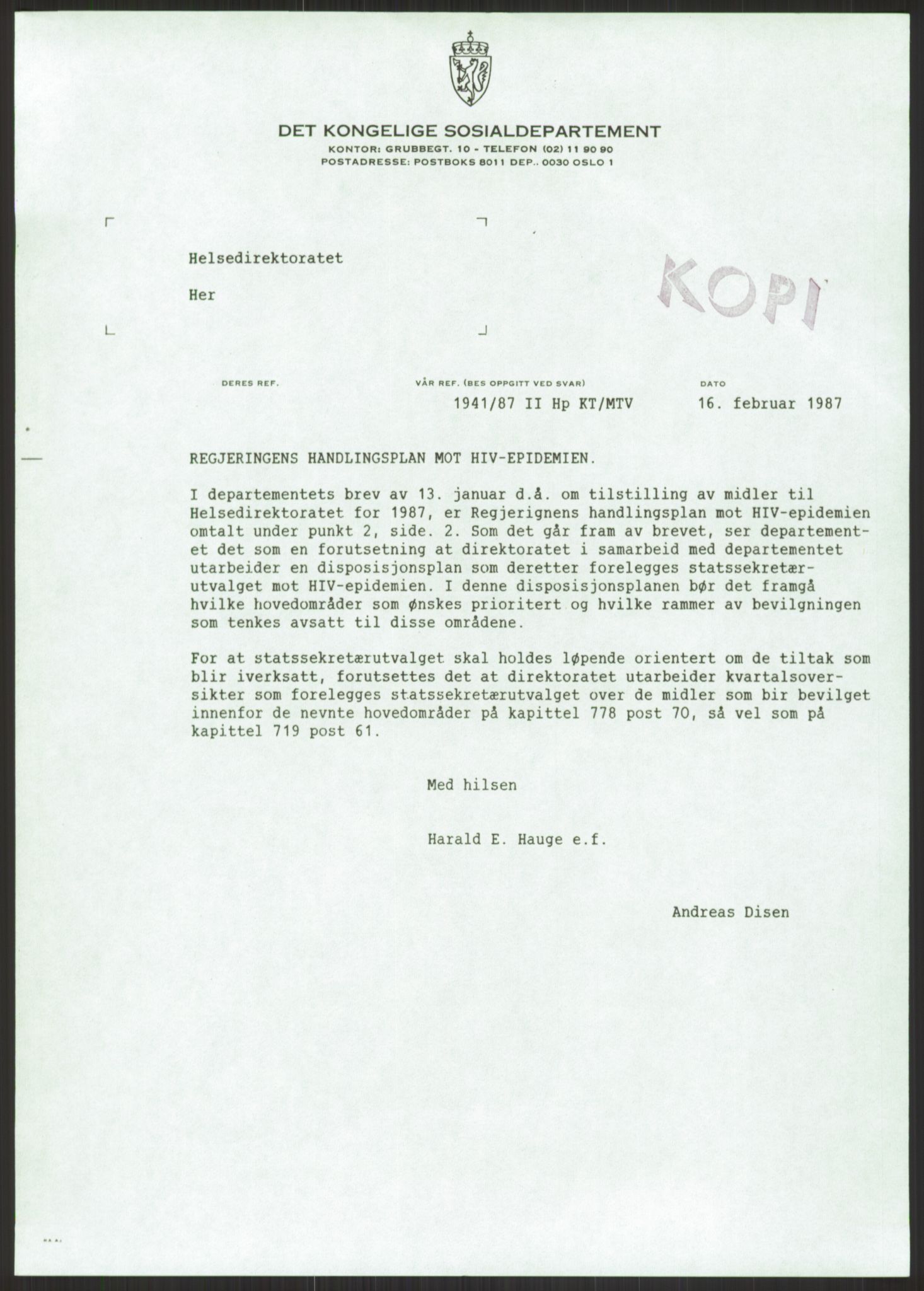 Sosialdepartementet, Administrasjons-, trygde-, plan- og helseavdelingen, AV/RA-S-6179/D/L2240/0003: -- / 619 Diverse. HIV/AIDS, 1986-1987, s. 193