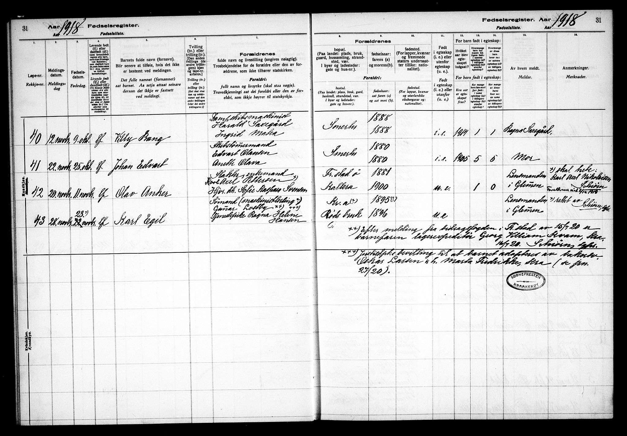 Kråkerøy prestekontor Kirkebøker, AV/SAO-A-10912/J/Ja/L0001: Fødselsregister nr. 1, 1916-1938, s. 31