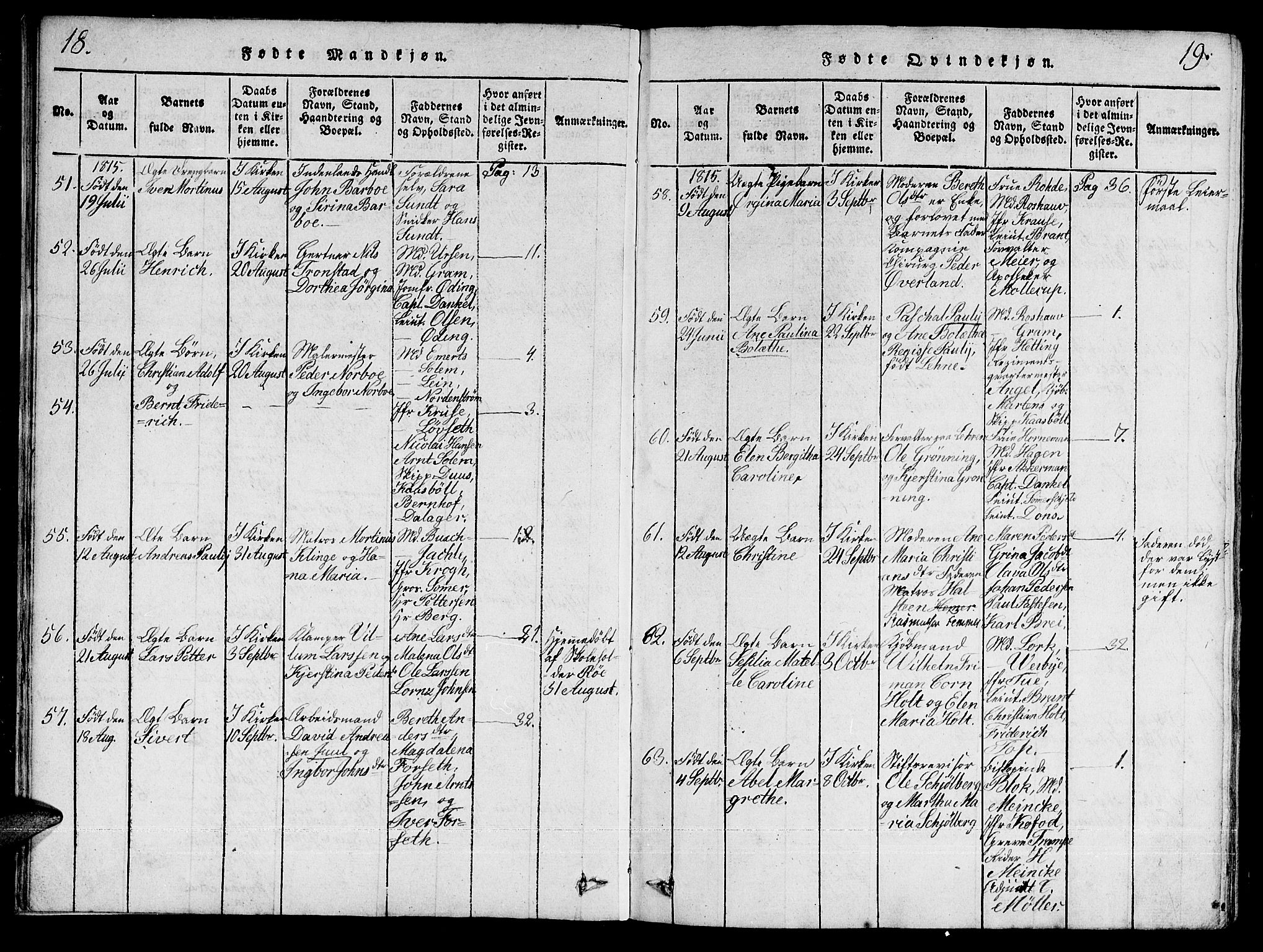 Ministerialprotokoller, klokkerbøker og fødselsregistre - Sør-Trøndelag, SAT/A-1456/601/L0043: Ministerialbok nr. 601A11, 1815-1821, s. 18-19
