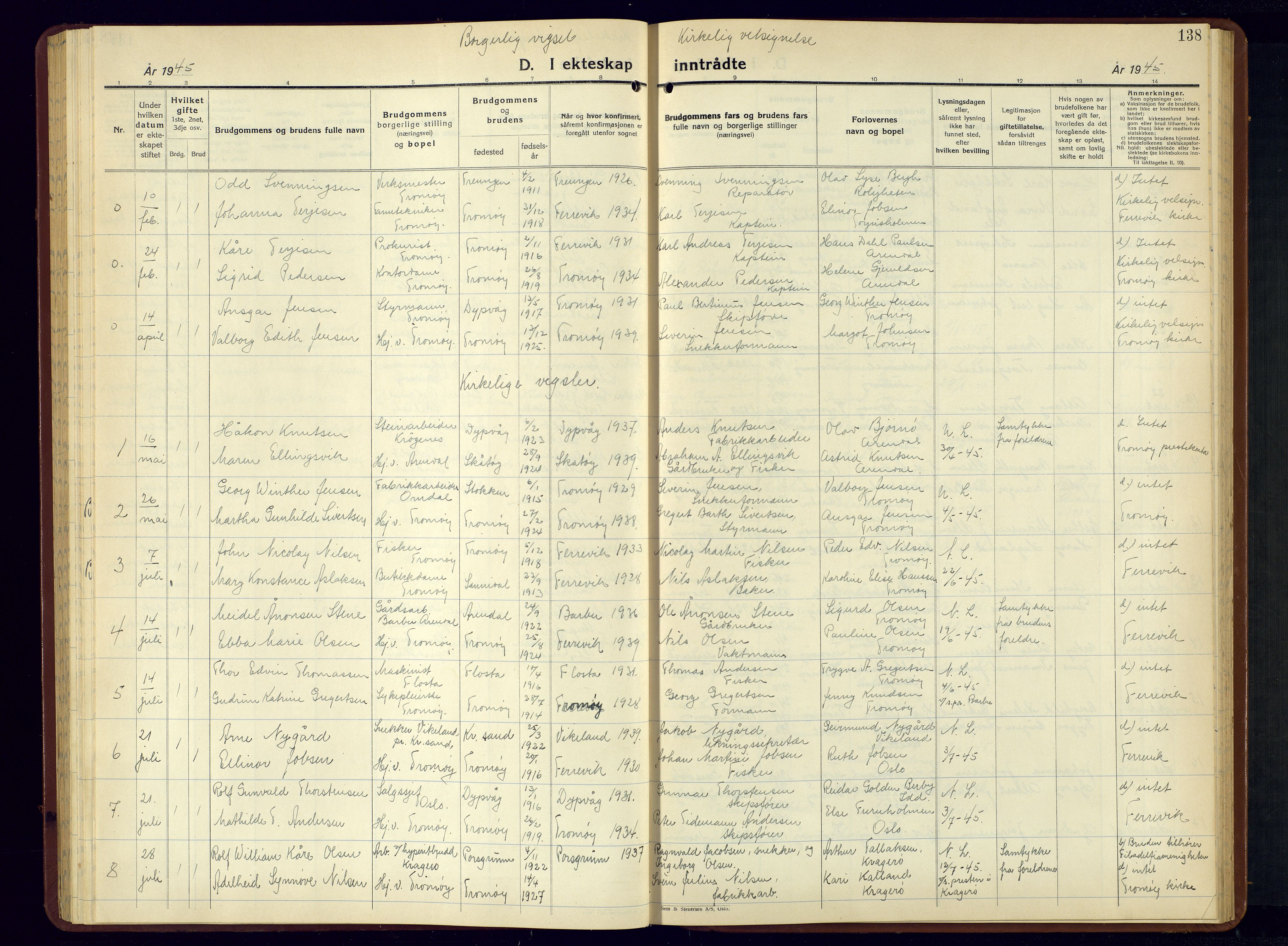 Tromøy sokneprestkontor, AV/SAK-1111-0041/F/Fb/L0009: Klokkerbok nr. B-9, 1938-1952, s. 138