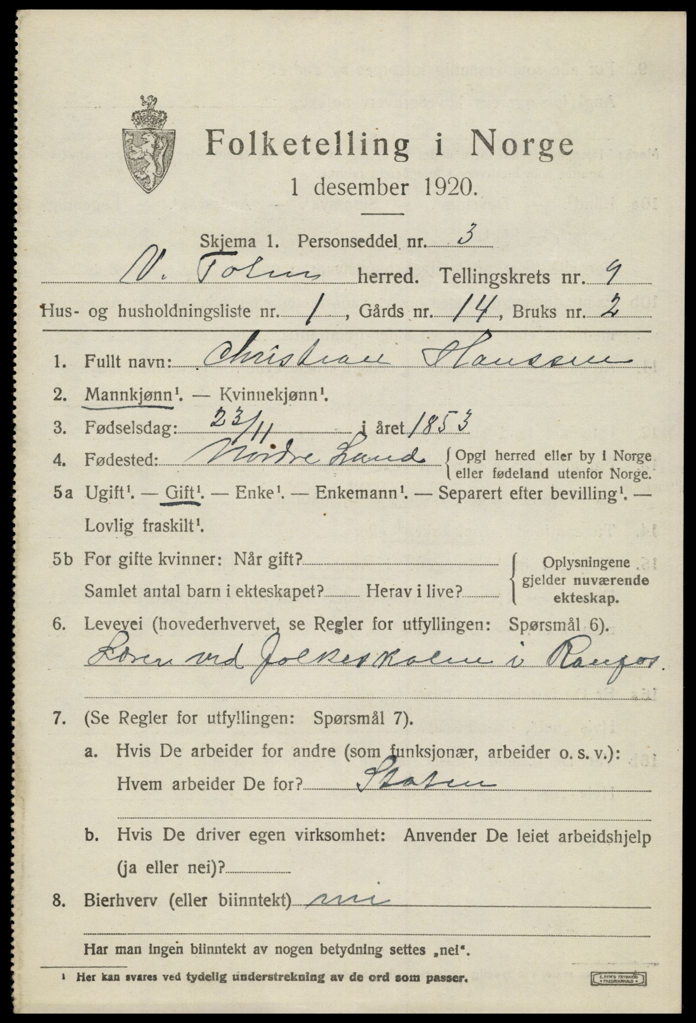 SAH, Folketelling 1920 for 0529 Vestre Toten herred, 1920, s. 11144
