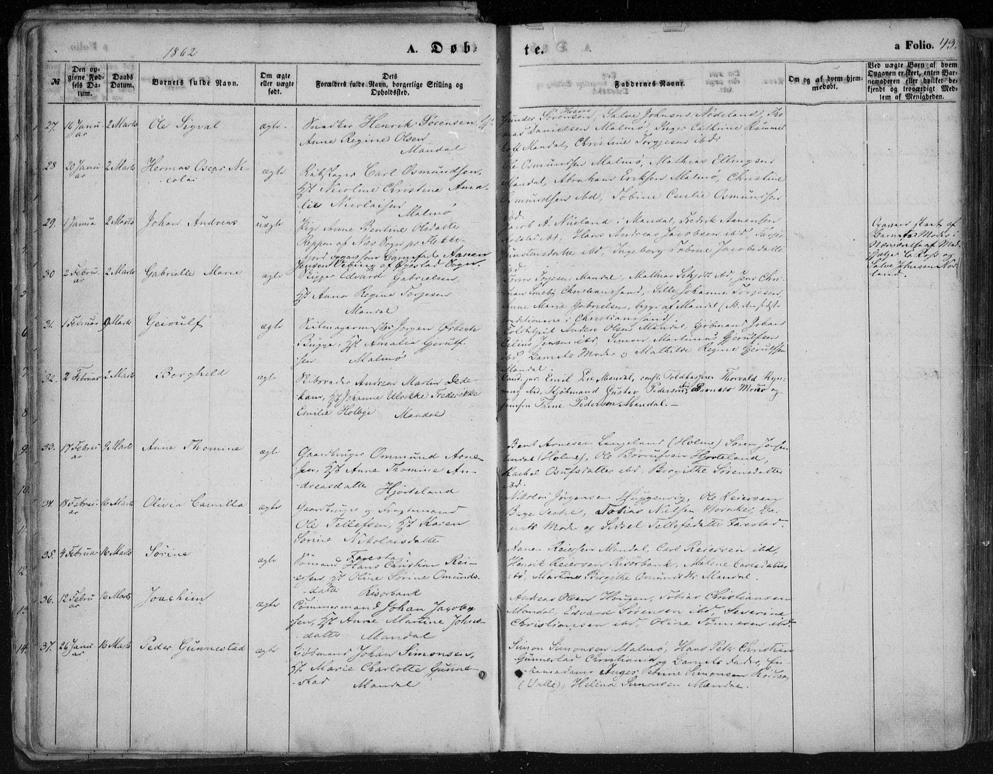 Mandal sokneprestkontor, AV/SAK-1111-0030/F/Fa/Faa/L0014: Ministerialbok nr. A 14, 1859-1872, s. 43