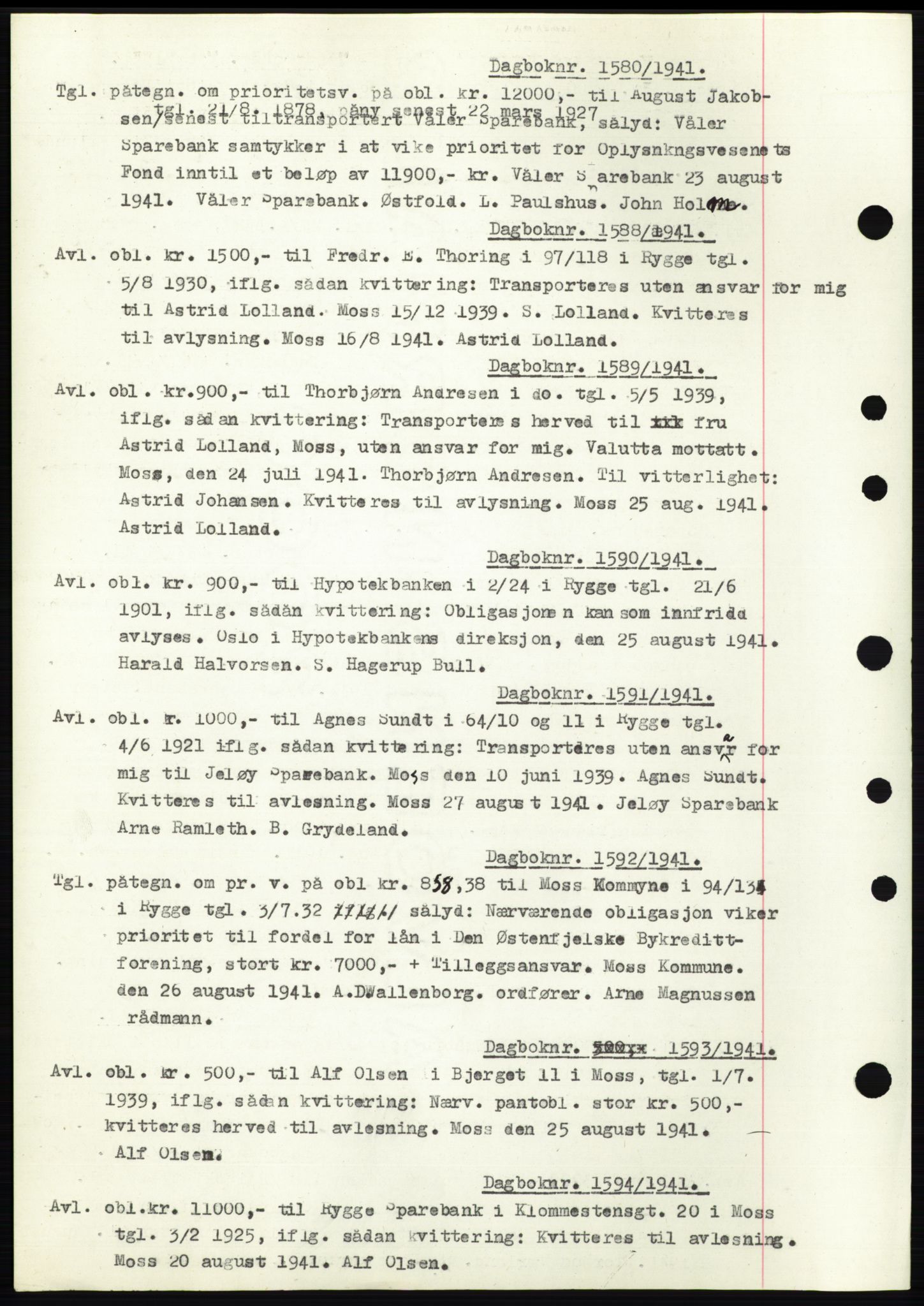 Moss sorenskriveri, SAO/A-10168: Pantebok nr. C10, 1938-1950, Dagboknr: 1580/1941