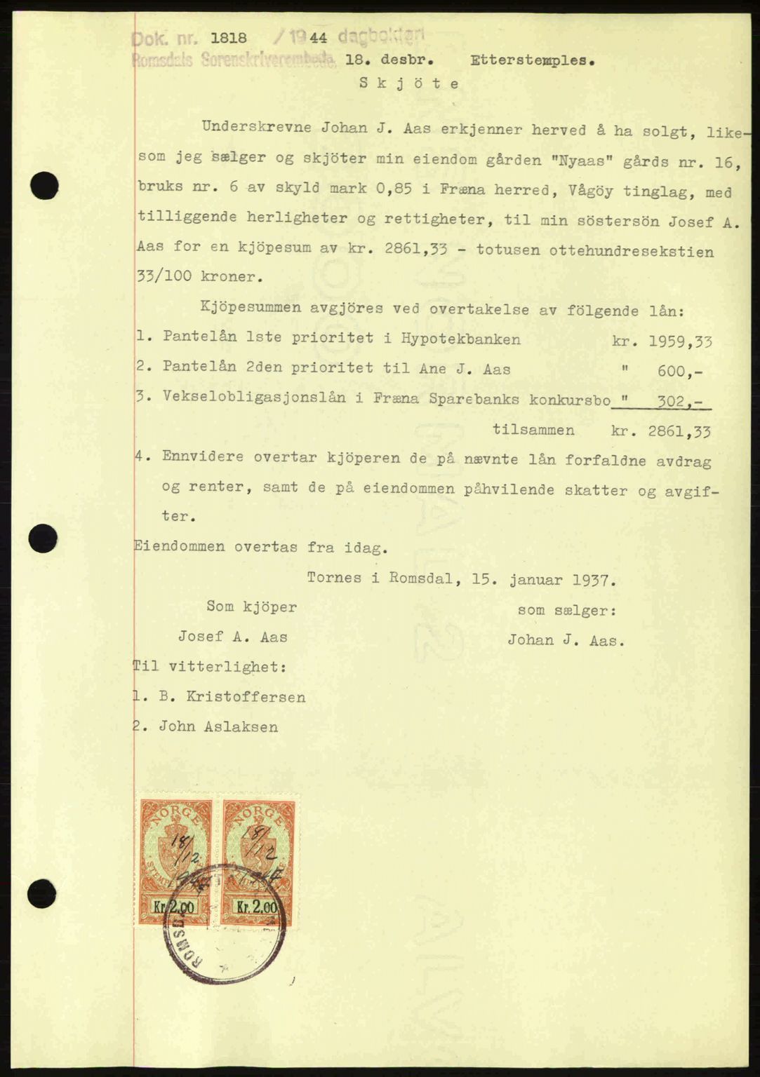 Romsdal sorenskriveri, SAT/A-4149/1/2/2C: Pantebok nr. A17, 1944-1945, Dagboknr: 1818/1944