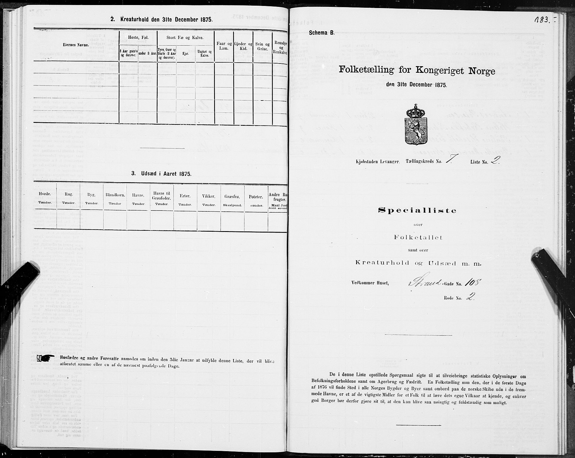 SAT, Folketelling 1875 for 1701B Levanger prestegjeld, Levanger kjøpstad, 1875, s. 183