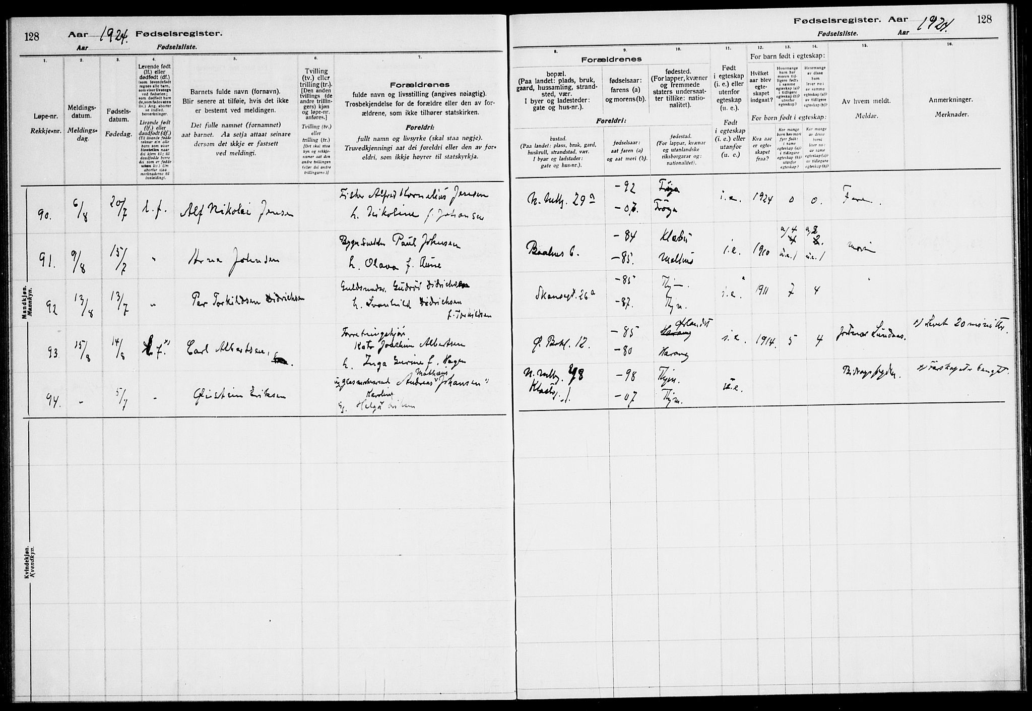 Ministerialprotokoller, klokkerbøker og fødselsregistre - Sør-Trøndelag, SAT/A-1456/604/L0233: Fødselsregister nr. 604.II.4.2, 1920-1928, s. 128