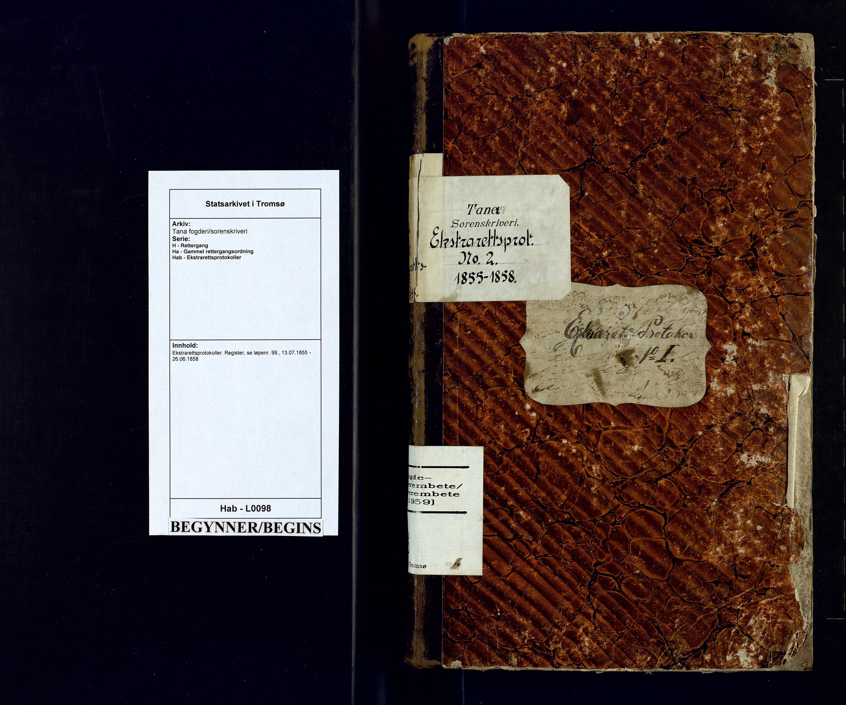 Tana fogderi/sorenskriveri, AV/SATØ-S-0058/H/Ha/Hab/L0098: Ekstrarettsprotokoller. Register, se løpenr. 99., 1855-1858