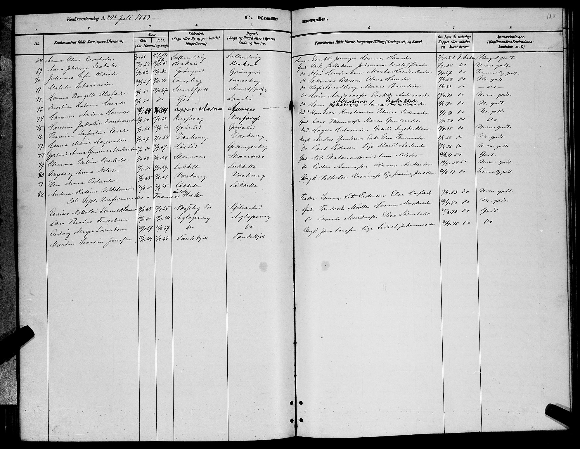 Lenvik sokneprestembete, AV/SATØ-S-1310/H/Ha/Hab/L0006klokker: Klokkerbok nr. 6, 1881-1889, s. 128