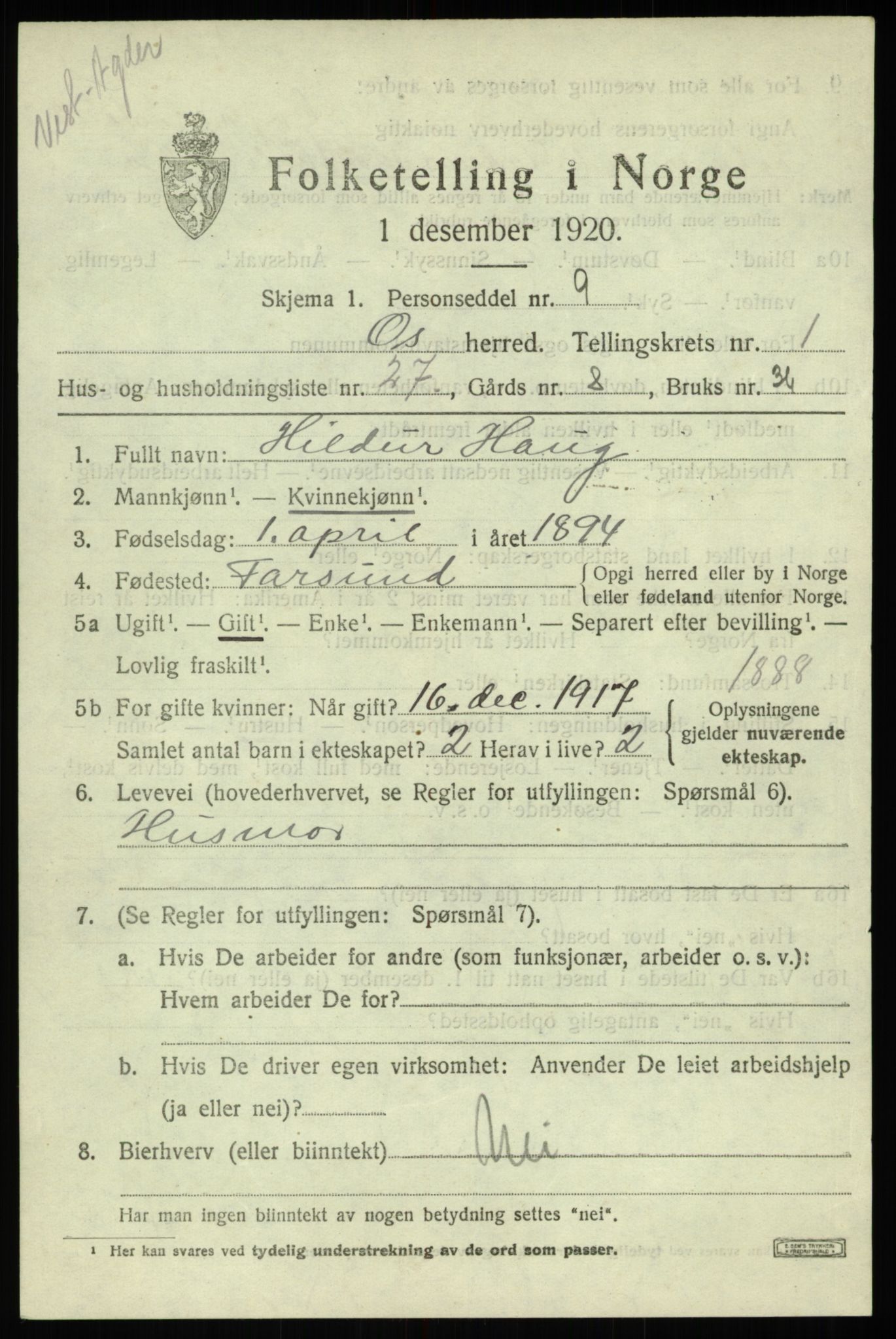 SAB, Folketelling 1920 for 1243 Os herred, 1920, s. 1482