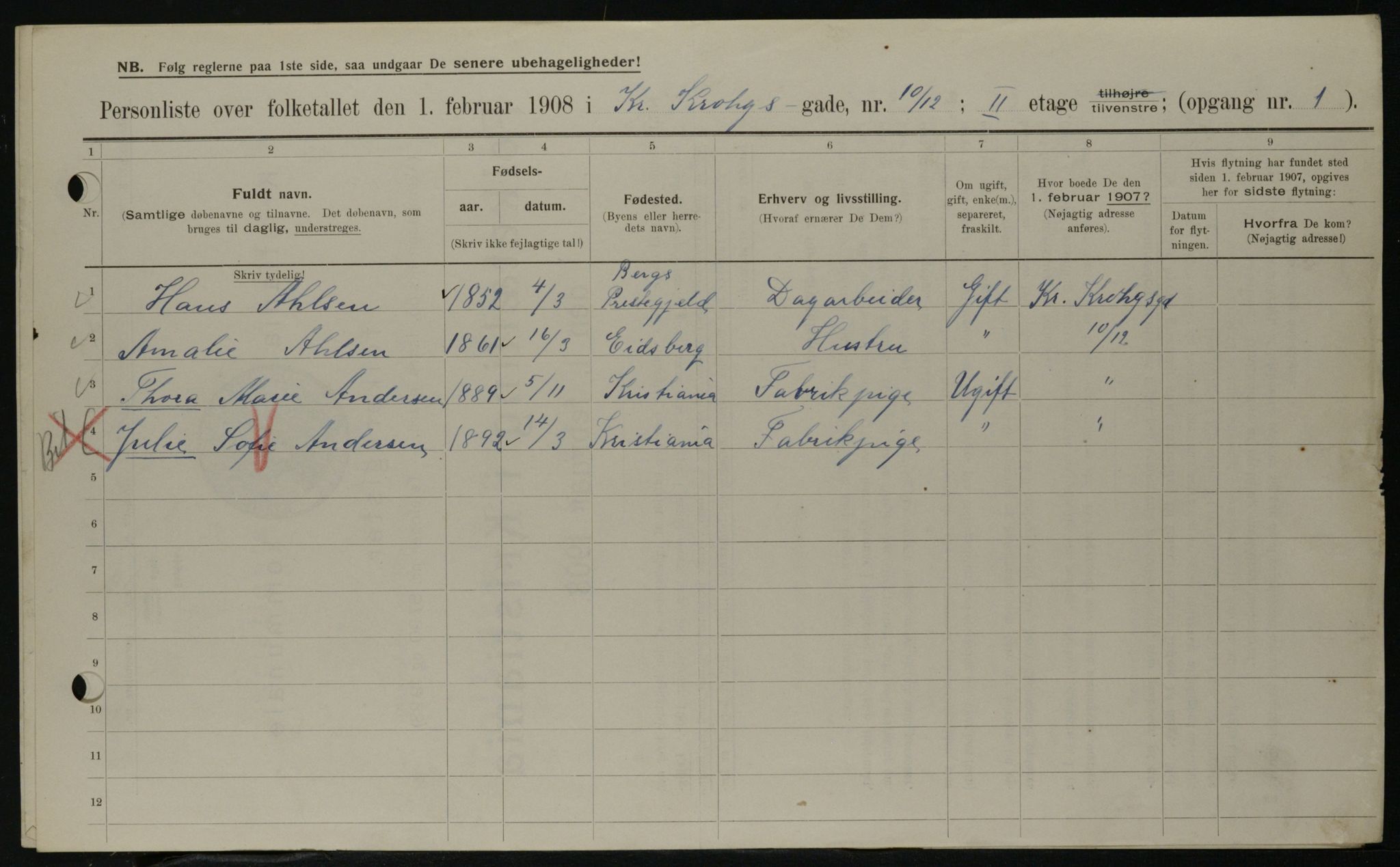 OBA, Kommunal folketelling 1.2.1908 for Kristiania kjøpstad, 1908, s. 11108