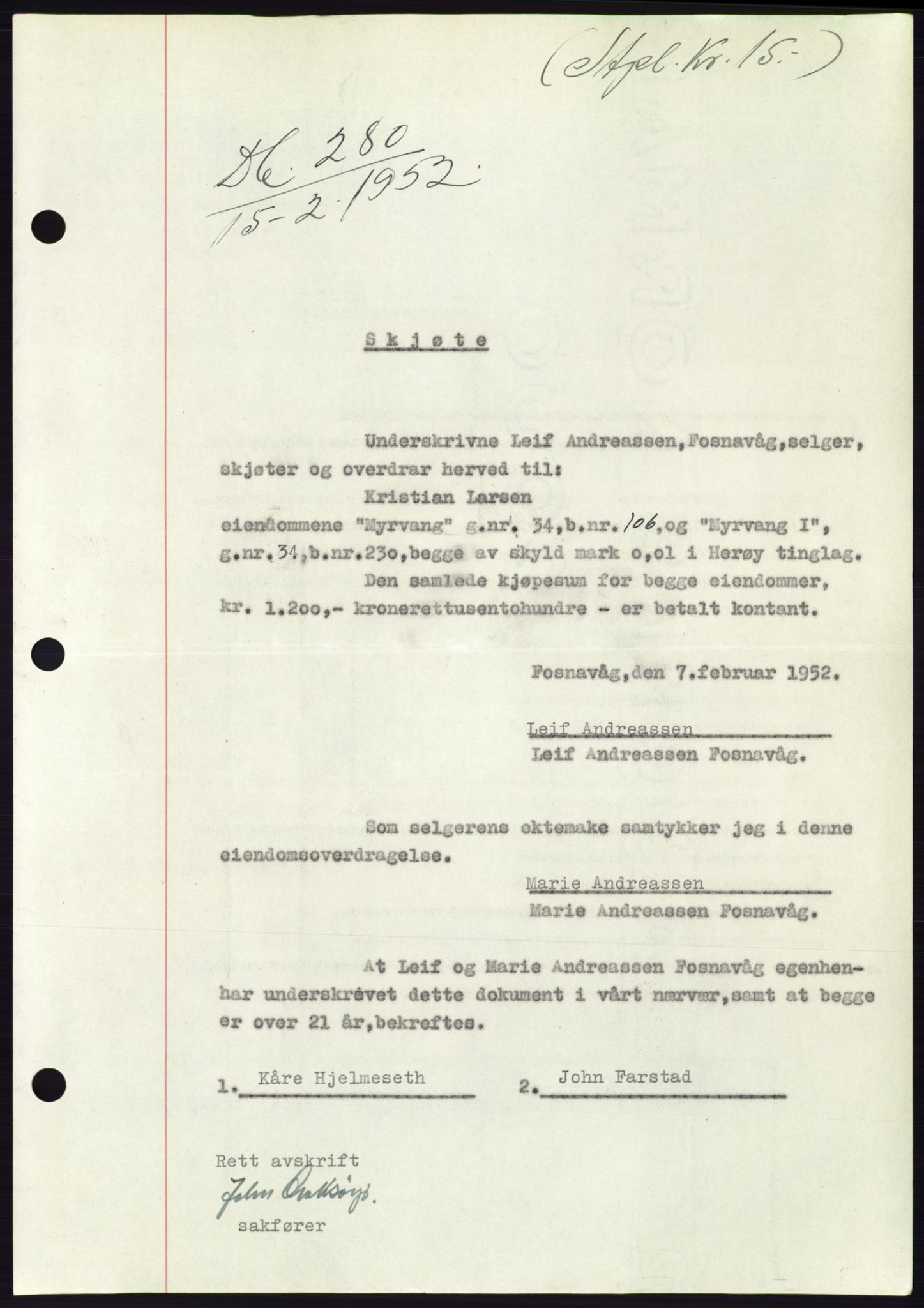 Søre Sunnmøre sorenskriveri, SAT/A-4122/1/2/2C/L0091: Pantebok nr. 17A, 1951-1952, Dagboknr: 280/1952