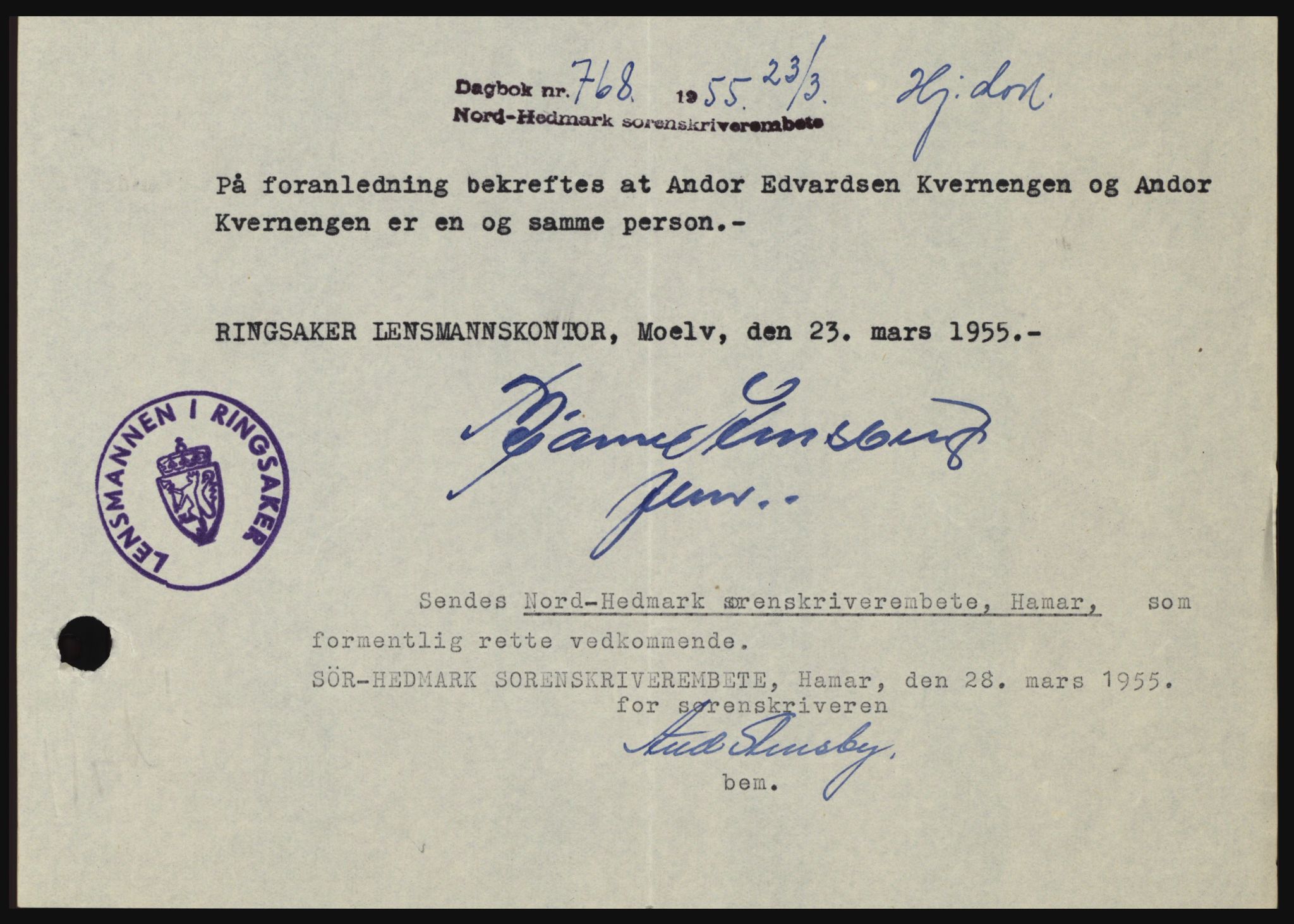 Nord-Hedmark sorenskriveri, SAH/TING-012/H/Hc/L0010: Pantebok nr. 10, 1955-1956, Dagboknr: 768/1955