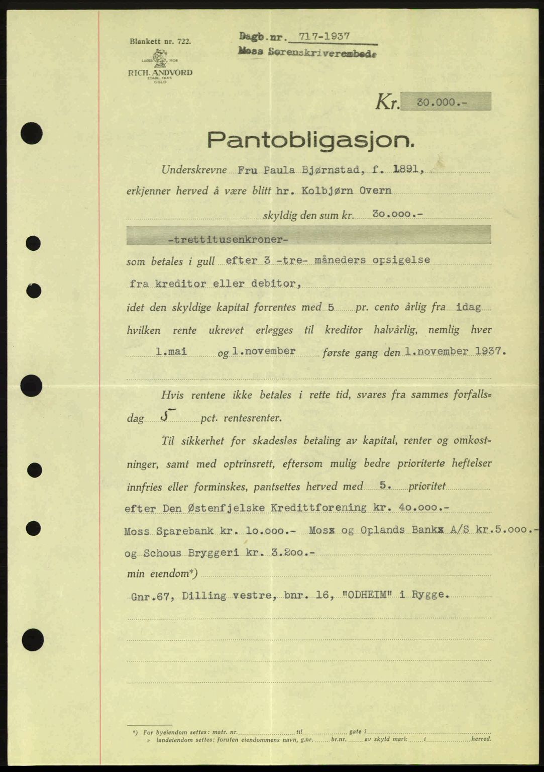 Moss sorenskriveri, SAO/A-10168: Pantebok nr. B3, 1937-1937, Dagboknr: 717/1937