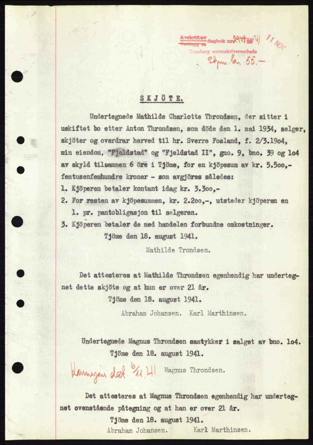 Tønsberg sorenskriveri, AV/SAKO-A-130/G/Ga/Gaa/L0010: Pantebok nr. A10, 1941-1941, Dagboknr: 2948/1941