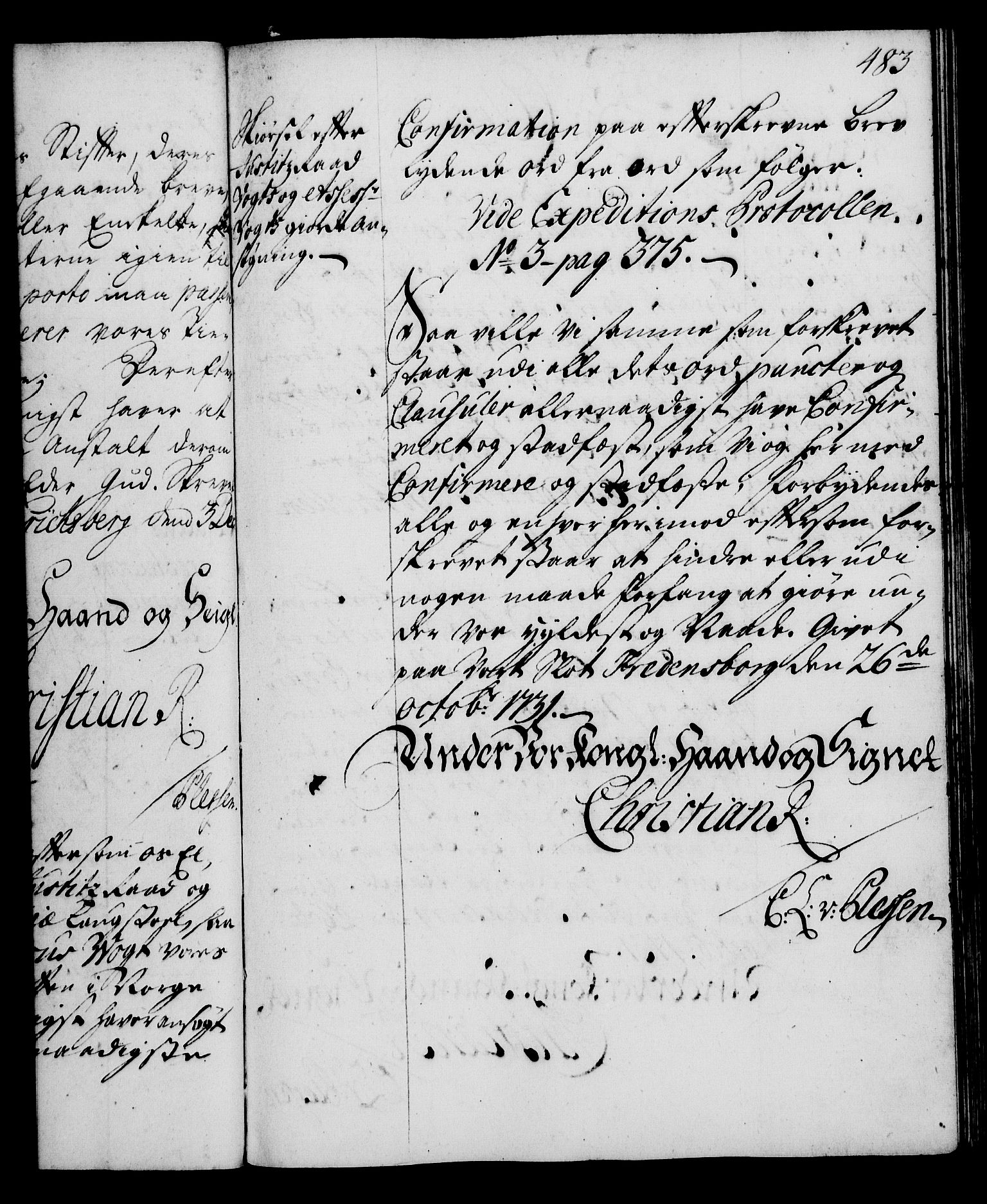 Rentekammeret, Kammerkanselliet, AV/RA-EA-3111/G/Gg/Gga/L0003: Norsk ekspedisjonsprotokoll med register (merket RK 53.3), 1727-1734, s. 483