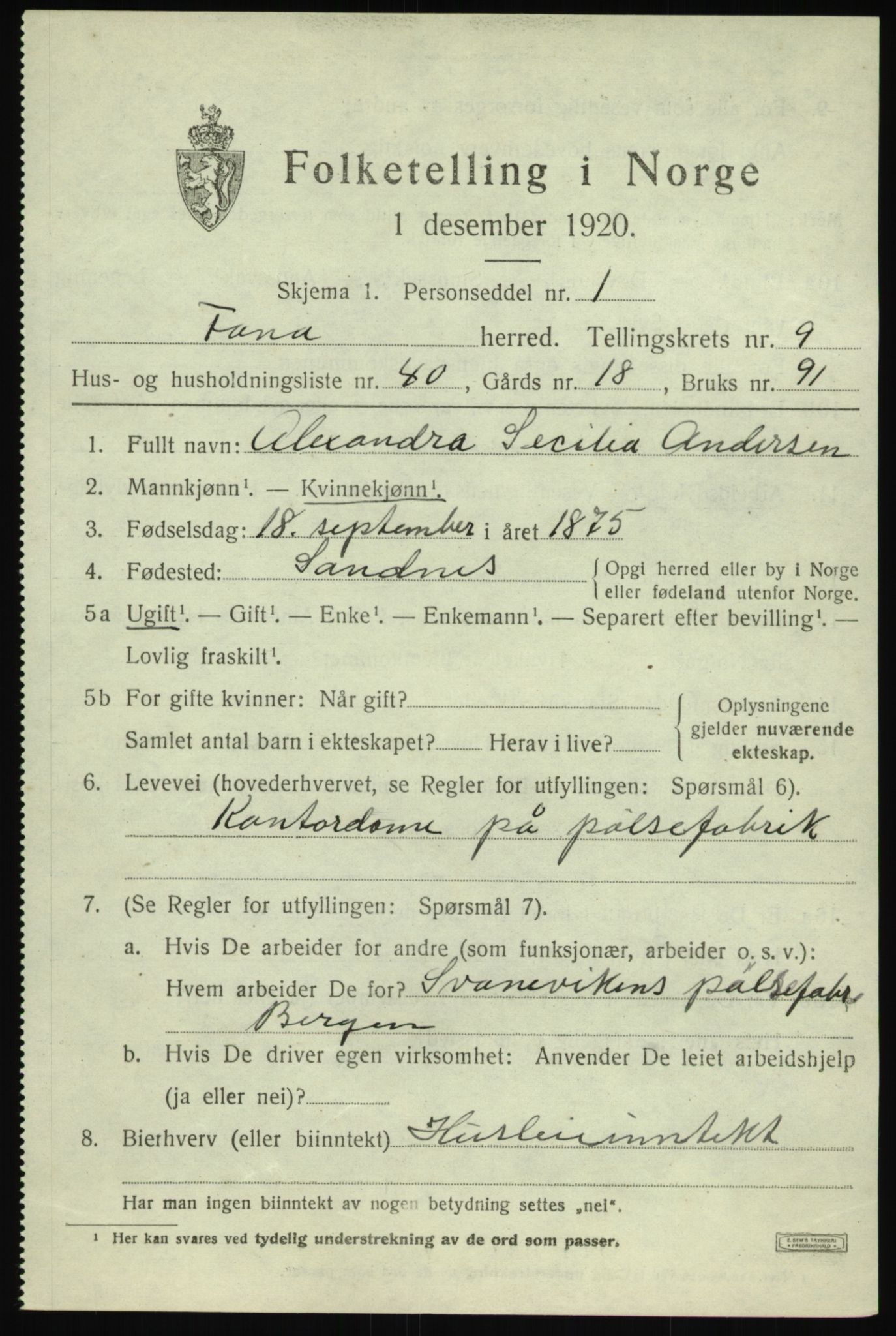 SAB, Folketelling 1920 for 1249 Fana herred, 1920, s. 15899