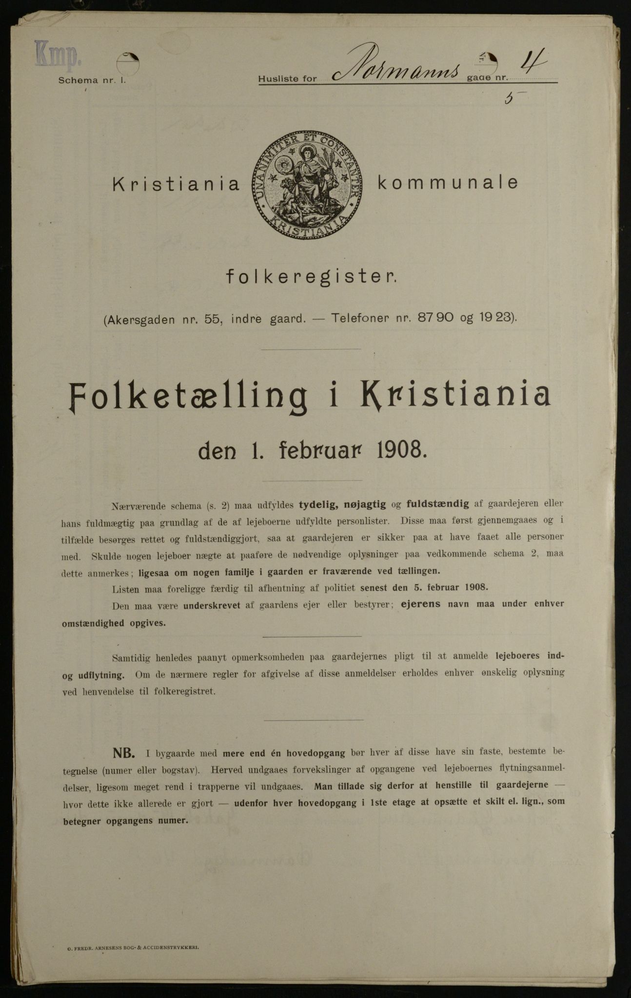 OBA, Kommunal folketelling 1.2.1908 for Kristiania kjøpstad, 1908, s. 66005