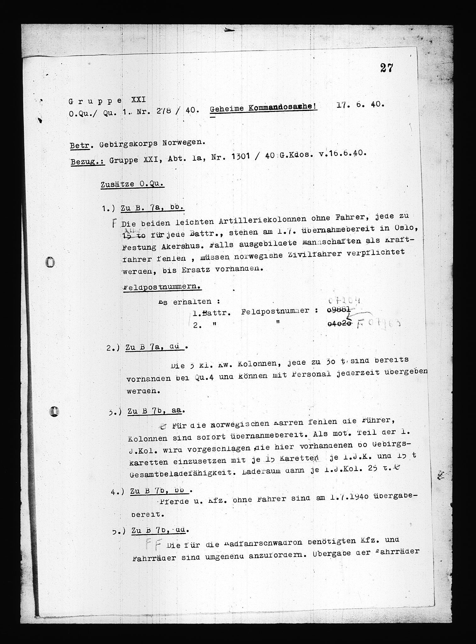 Documents Section, RA/RAFA-2200/V/L0083: Amerikansk mikrofilm "Captured German Documents".
Box No. 722.  FKA jnr. 615/1954., 1940, s. 444