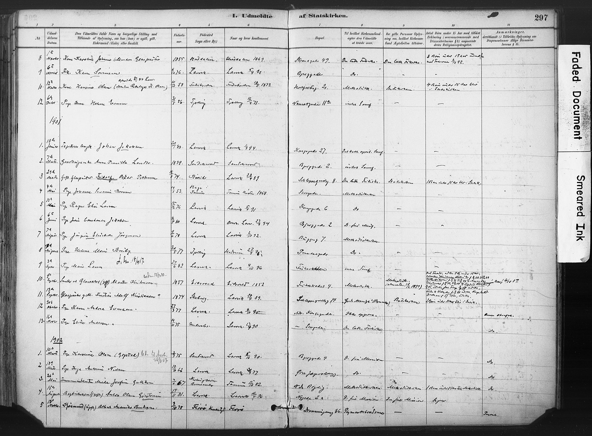 Larvik kirkebøker, AV/SAKO-A-352/F/Fa/L0010: Ministerialbok nr. I 10, 1884-1910, s. 297