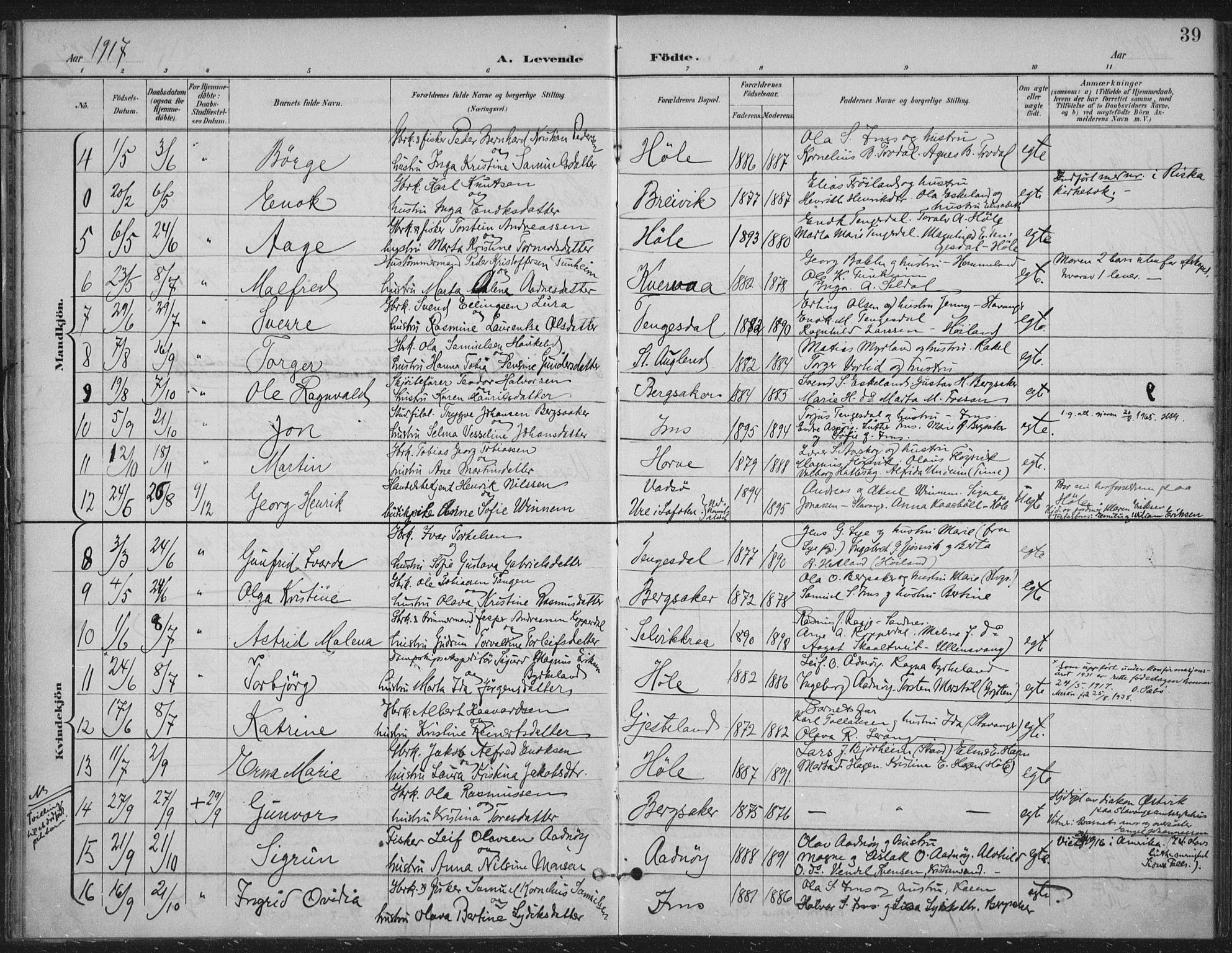 Høgsfjord sokneprestkontor, AV/SAST-A-101624/H/Ha/Haa/L0008: Ministerialbok nr. A 8, 1898-1920, s. 39