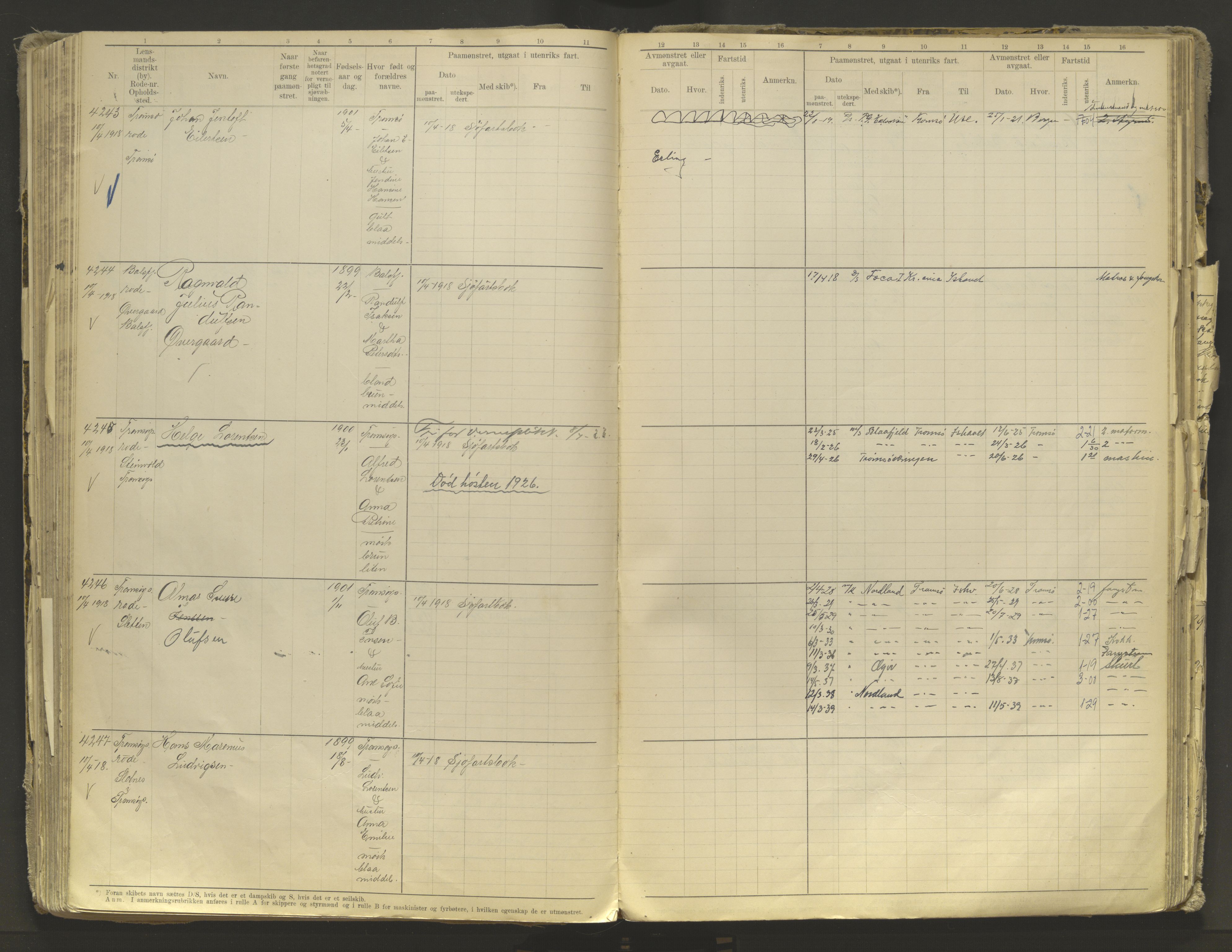 Tromsø sjømannskontor/innrullerings-/mønstringsdistrikt, AV/SATØ-S-0243/F/Fb/L0010: Annotasjonsrulle. Defekt: løs innbinding. Nr. 3519-4972, 1916-1920